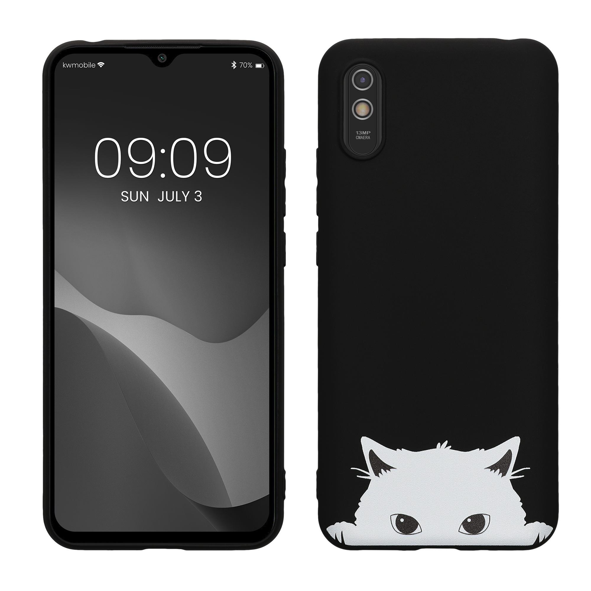TPU silikonové pouzdro pro Xiaomi Redmi 9A / 9AT kwmobile - motiv zvídavá kočka černá / bílá