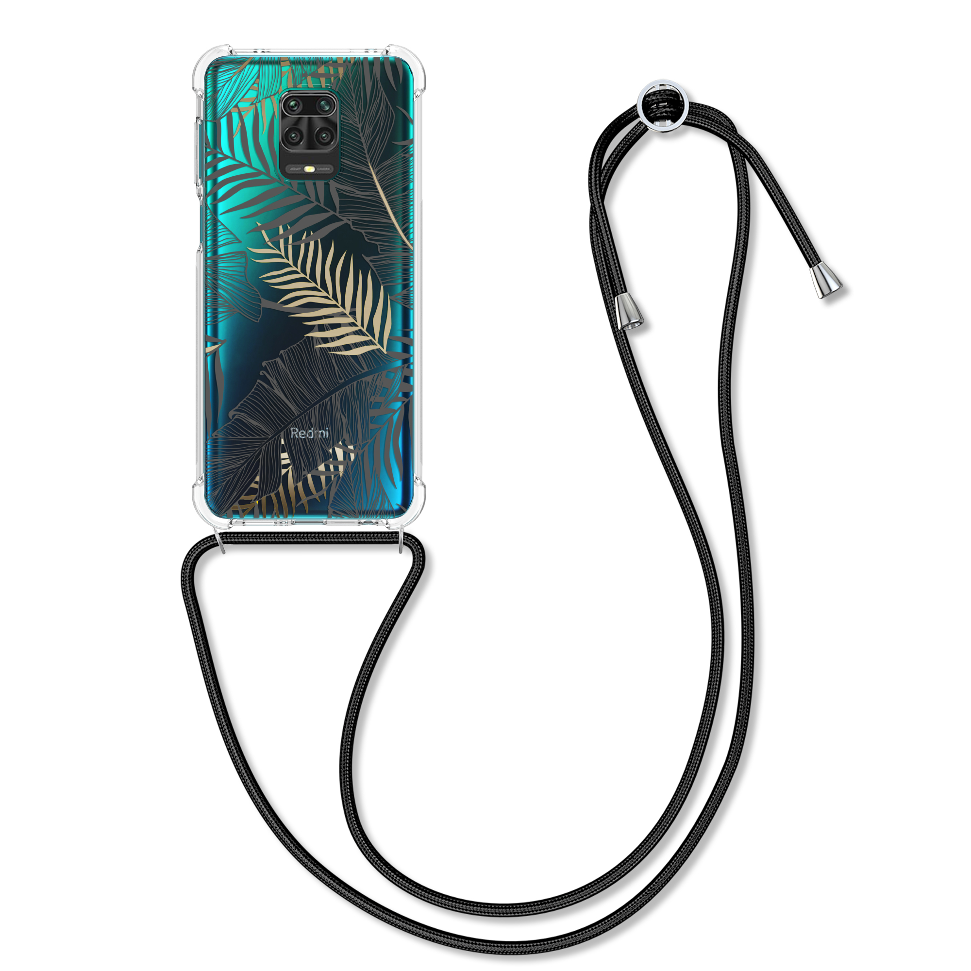 Crossbody kryt kwmobile pro Xiaomi Redmi Note 9S / 9 Pro / 9 Pro Max - zlaté palmové listy / šedá / transparentní