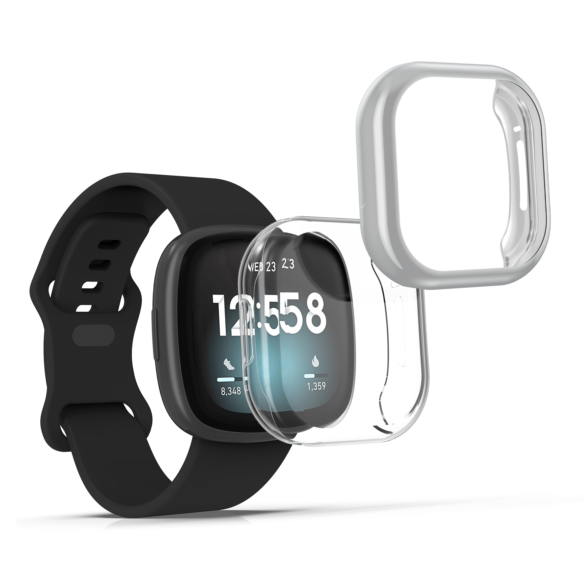2 ks Ochranný kryt na hodinky kwmobile pro Fitbit Versa 3 / Sense - transparentní / stříbrná