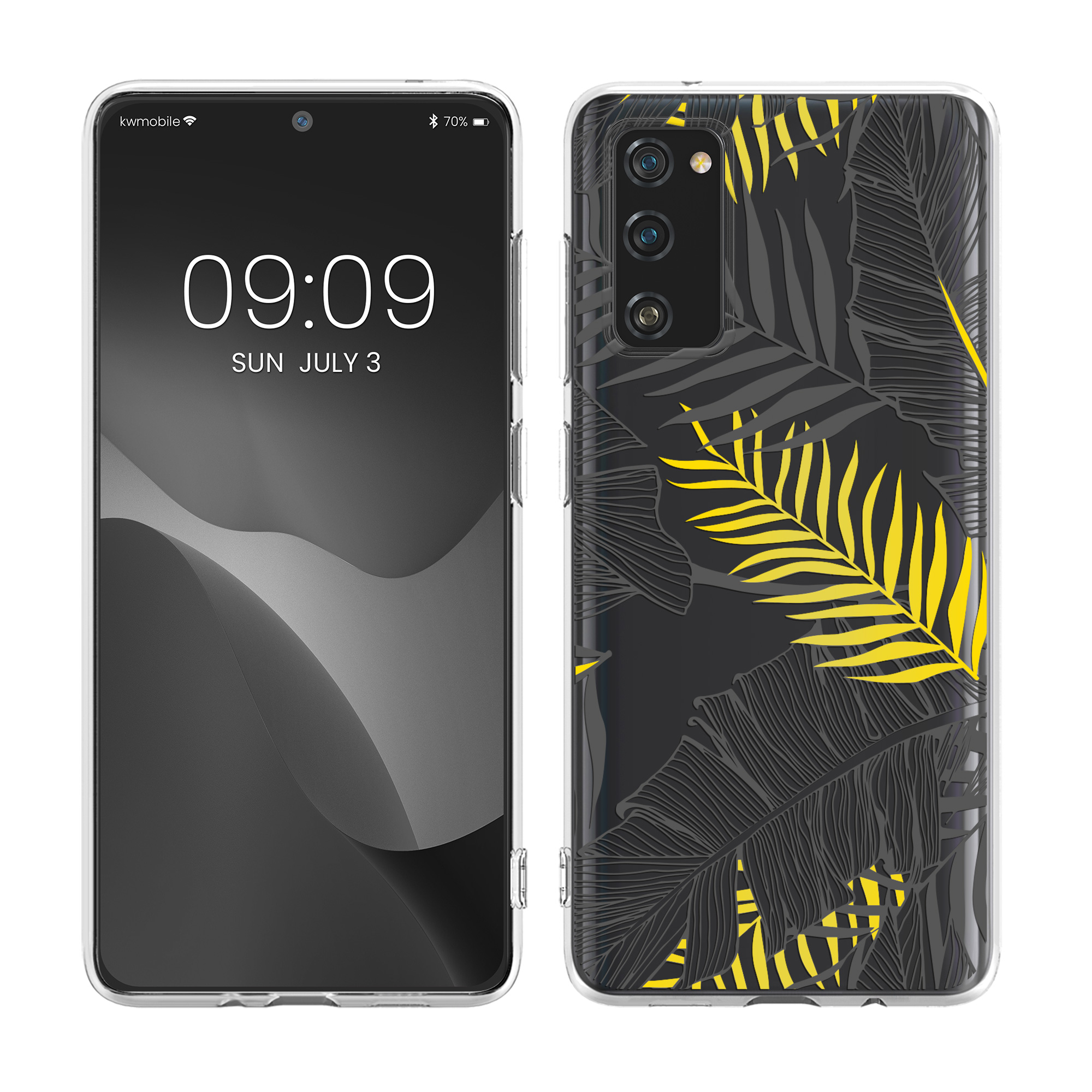 Čirý kryt na mobil Samsung Galaxy S20 FE kwmobile Palm Leaves žluto-šedo-transparentní
