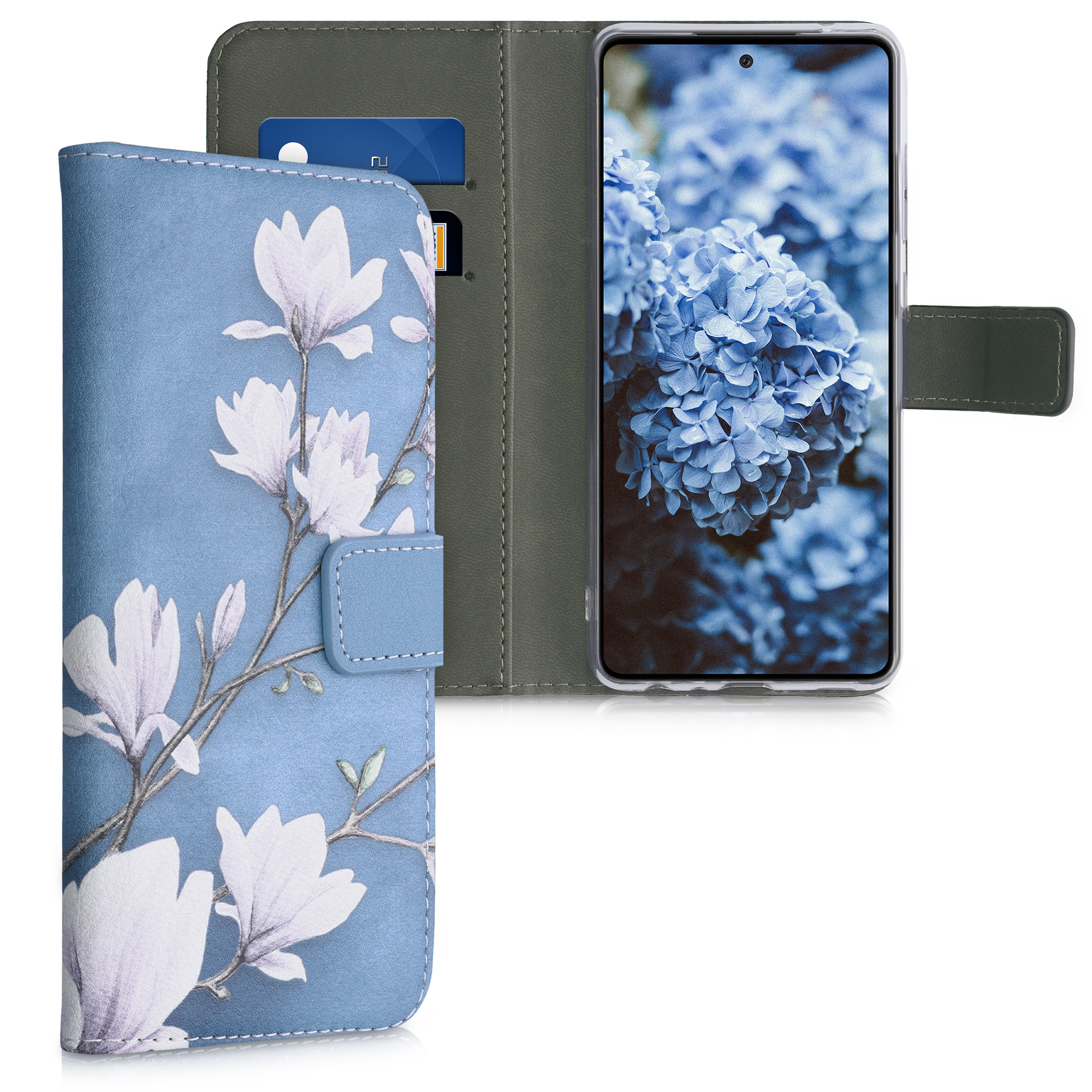 Wallet pouzdro peněženka Samsung Galaxy A52 / A52 5G / A52s 5G kwmobile Magnolias Magnolias - taupe / bílá / modrošedá