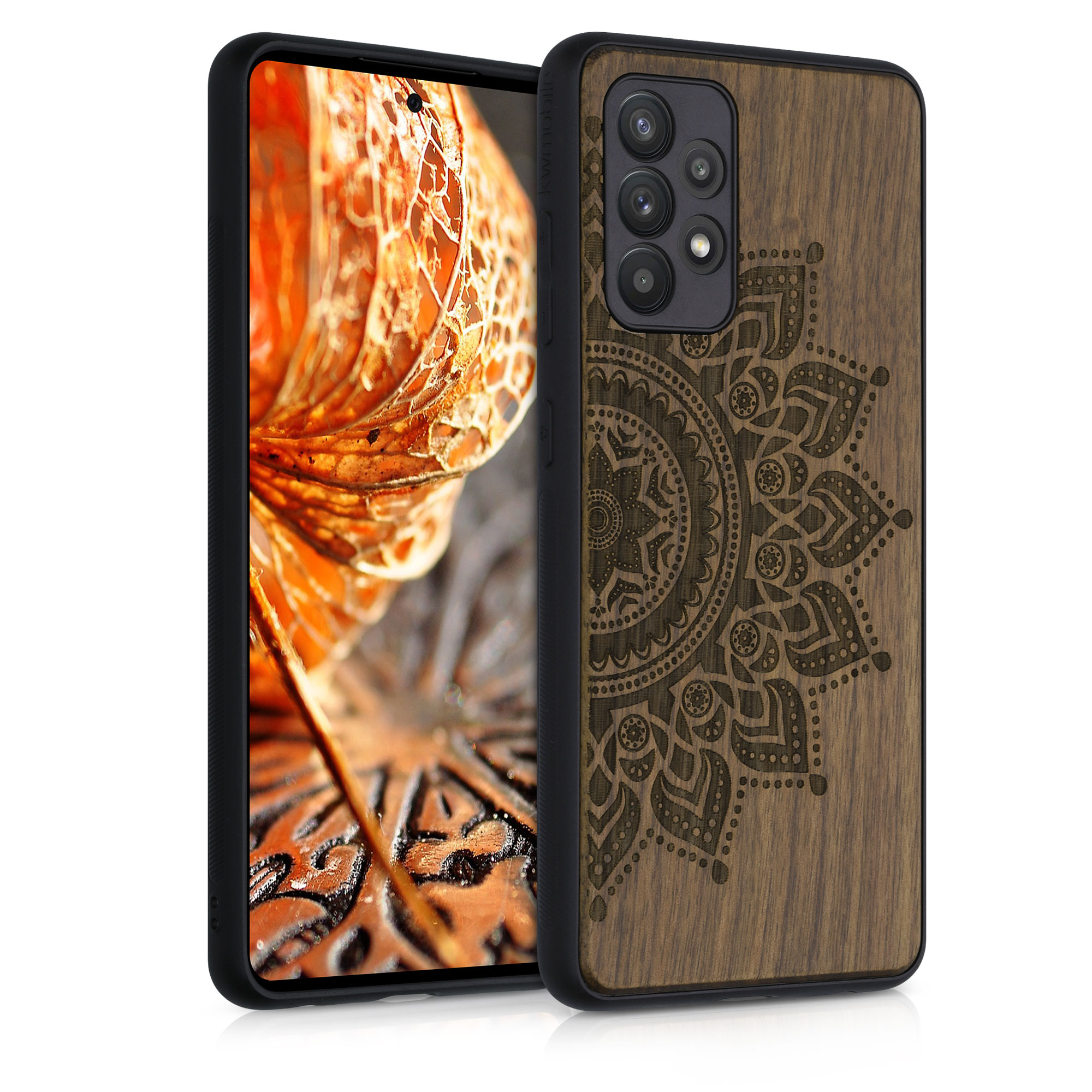 Dřevěný kryt na mobil Samsung Galaxy A52 / A52 5G / A52s 5G kwmobile TPU rámeček Tmavě hnědá