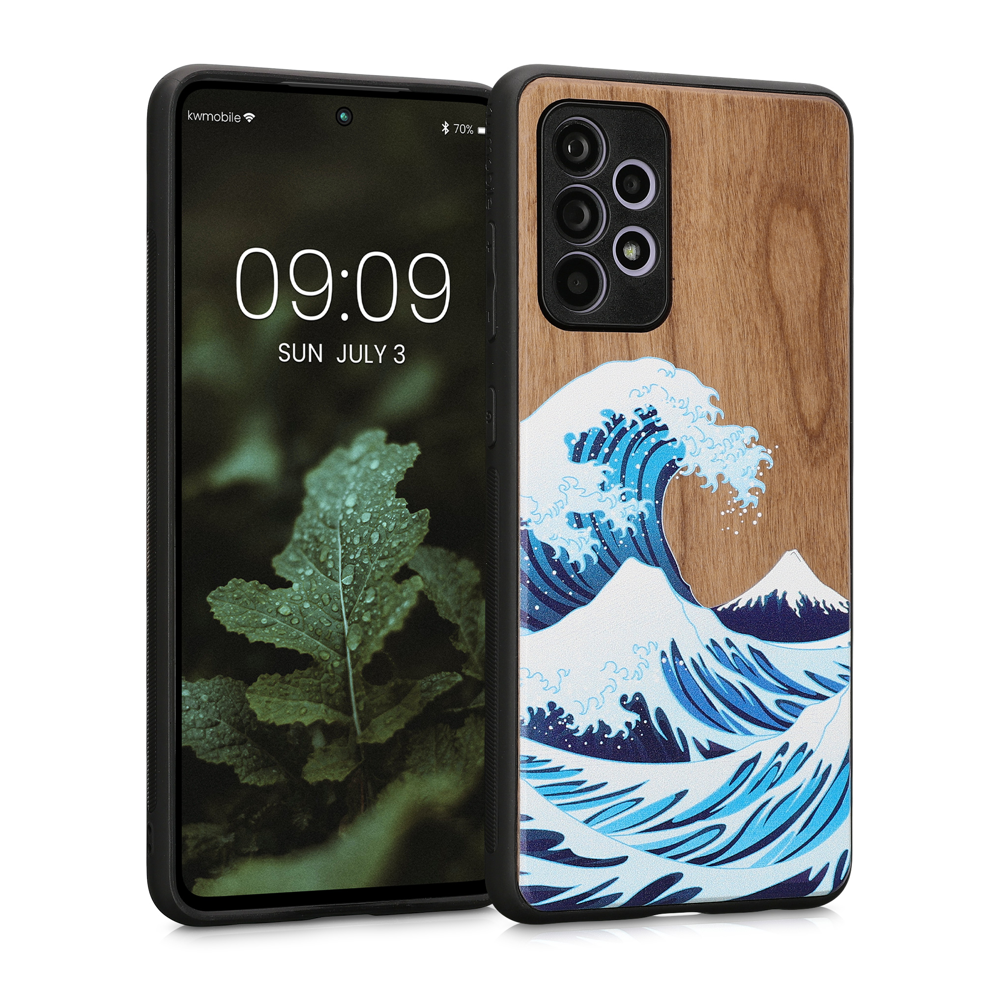 Dřevěný kryt na mobil Samsung Galaxy A52 / A52 5G / A52s 5G kwmobile TPU rámeček Modrá / bílá / hnědá