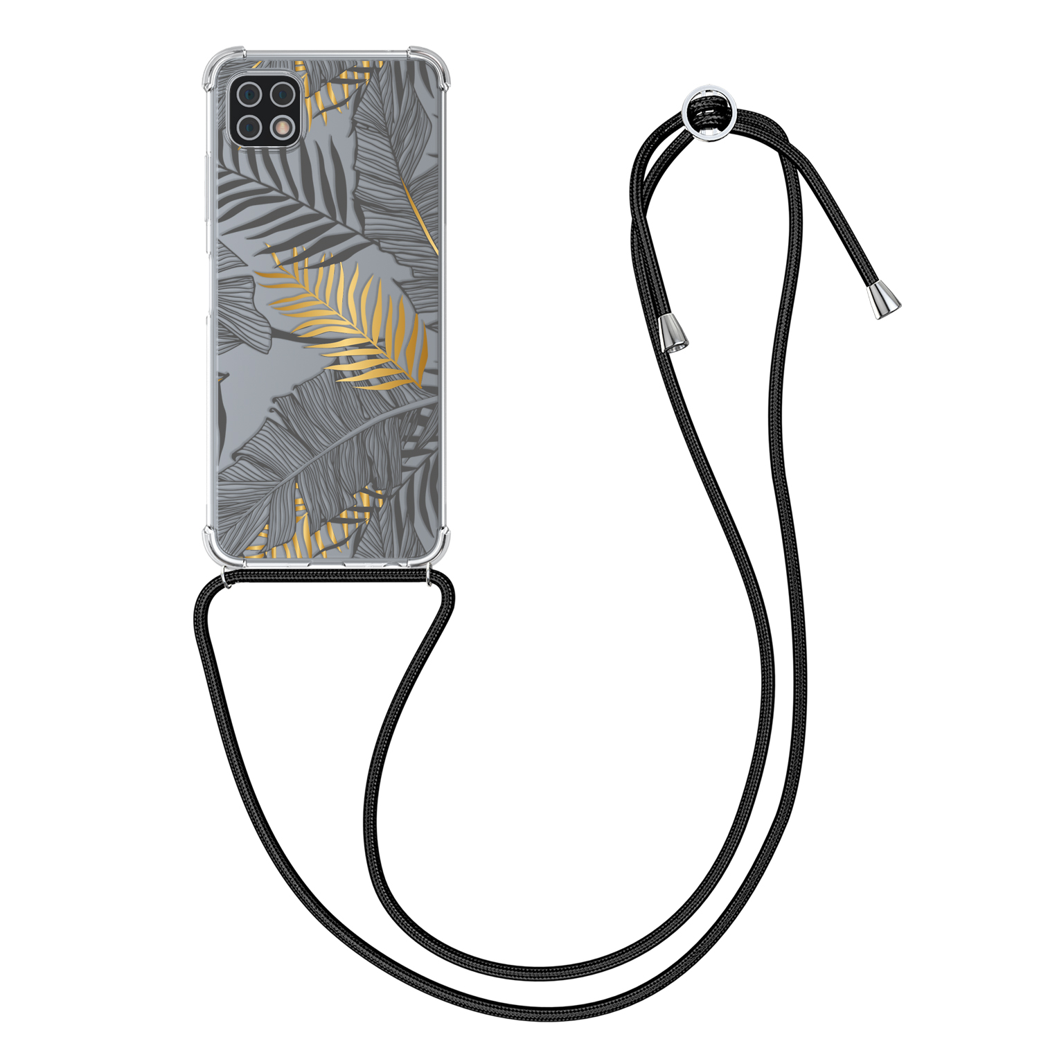 Crossbody kryt na mobil Samsung Galaxy A22 5G kwmobile se šňůrkou Palm Leaves - zlatá 