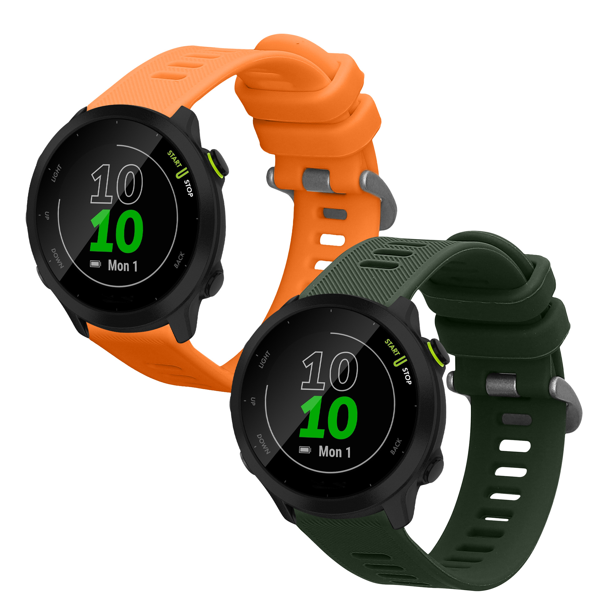Řemínky pro Garmin Forerunner 55 / Forerunner 165 / 245 / 645 / 570 42mm kwmobile silikonové - tmavě zelená / oranžová