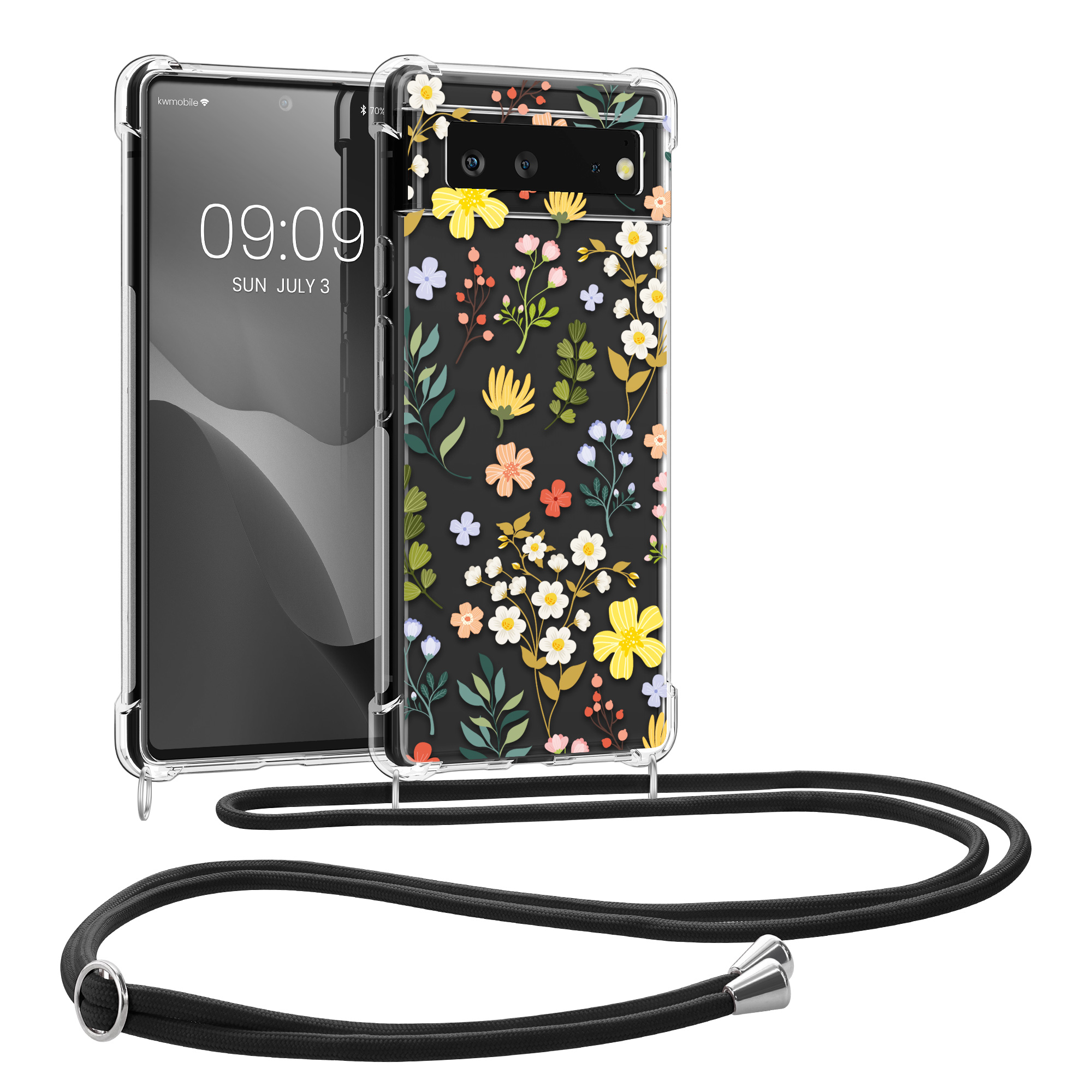 Crossbody kryt kwmobile pro Google Pixel 6 - charming flowers yellow / zelená / transparent