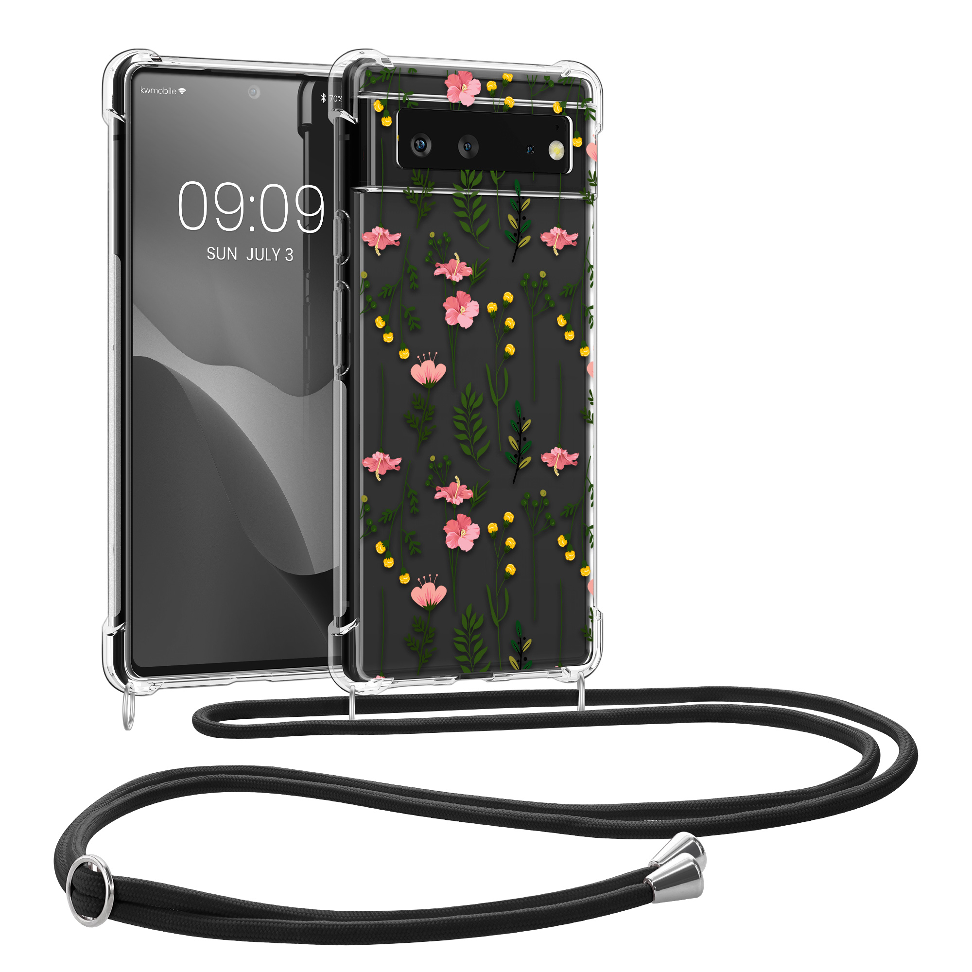 Crossbody kryt kwmobile pro Google Pixel 6 - jemné květy růžová/zelená/transparentní