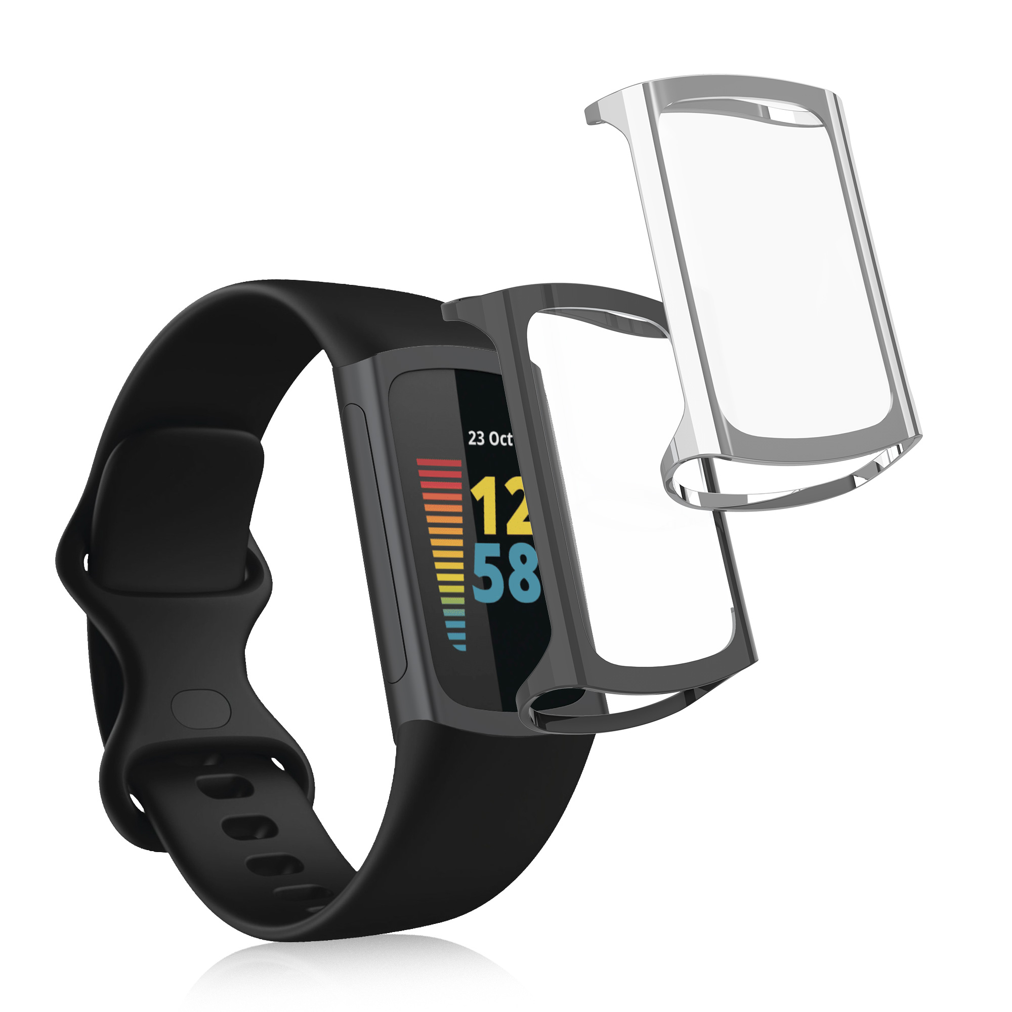 2x obal s ochranným sklem pro Fitbit Charge 6 / Charge 5 kwmobile silikonové - stříbrná / tmavě šedá