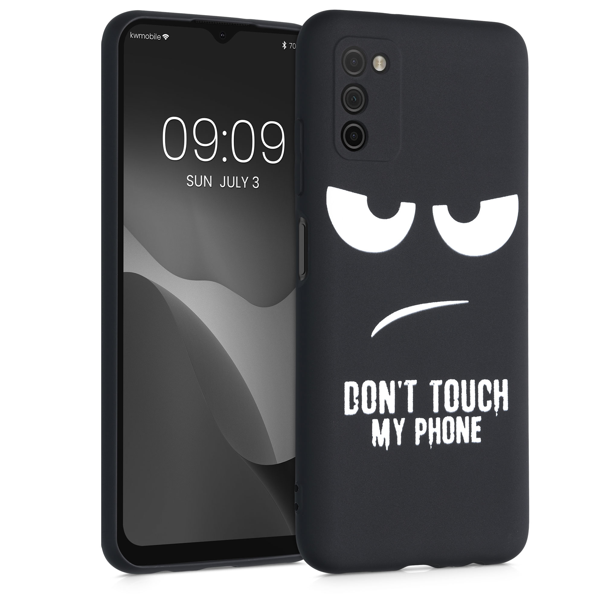 Kryt na mobil Samsung Galaxy A03s kwmobile Motiv Don't Touch My Phone bílo-černý
