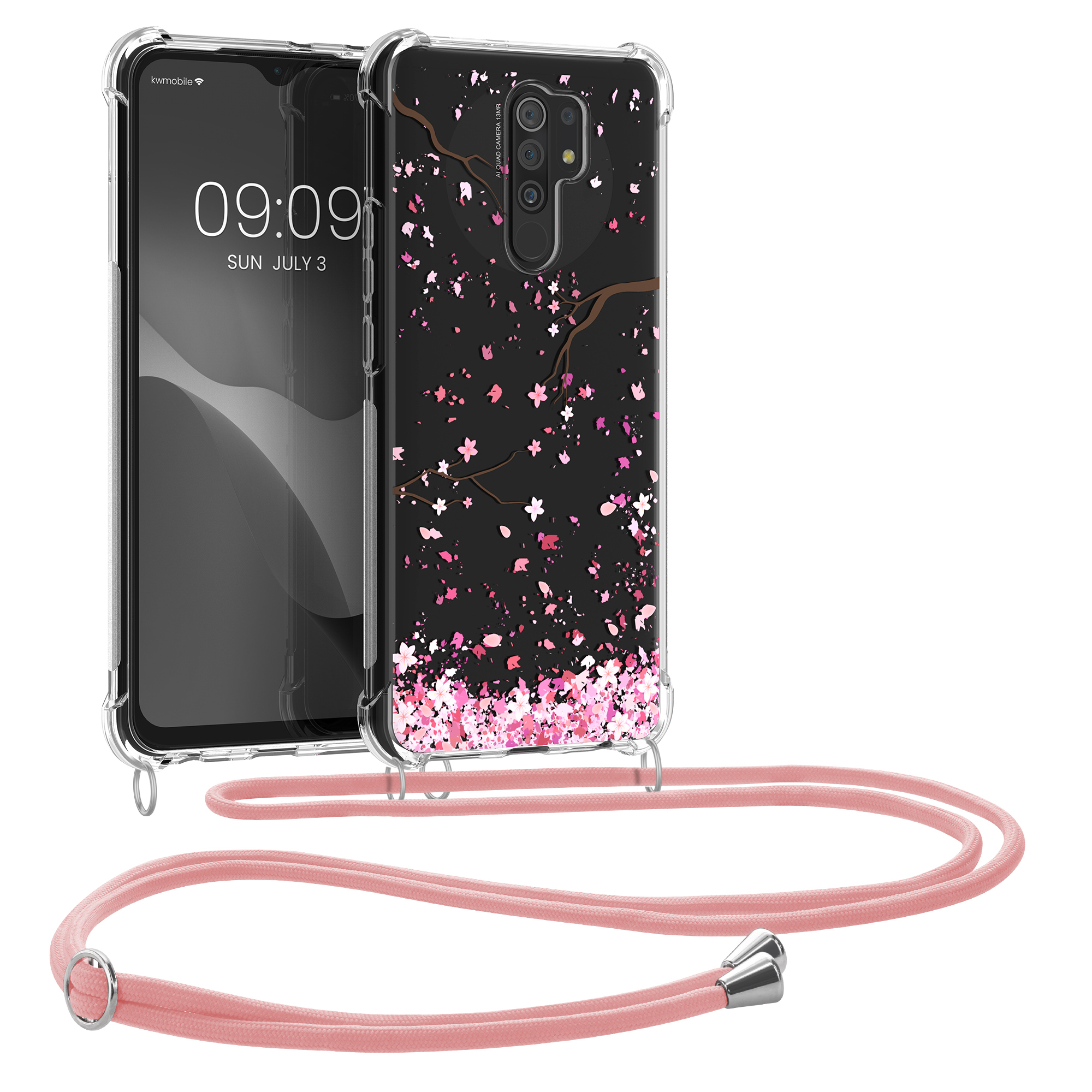 Kryt Xiaomi Redmi 9 crossbody popruh třešňové květy - růžová/tmavě hnědá kwmobile