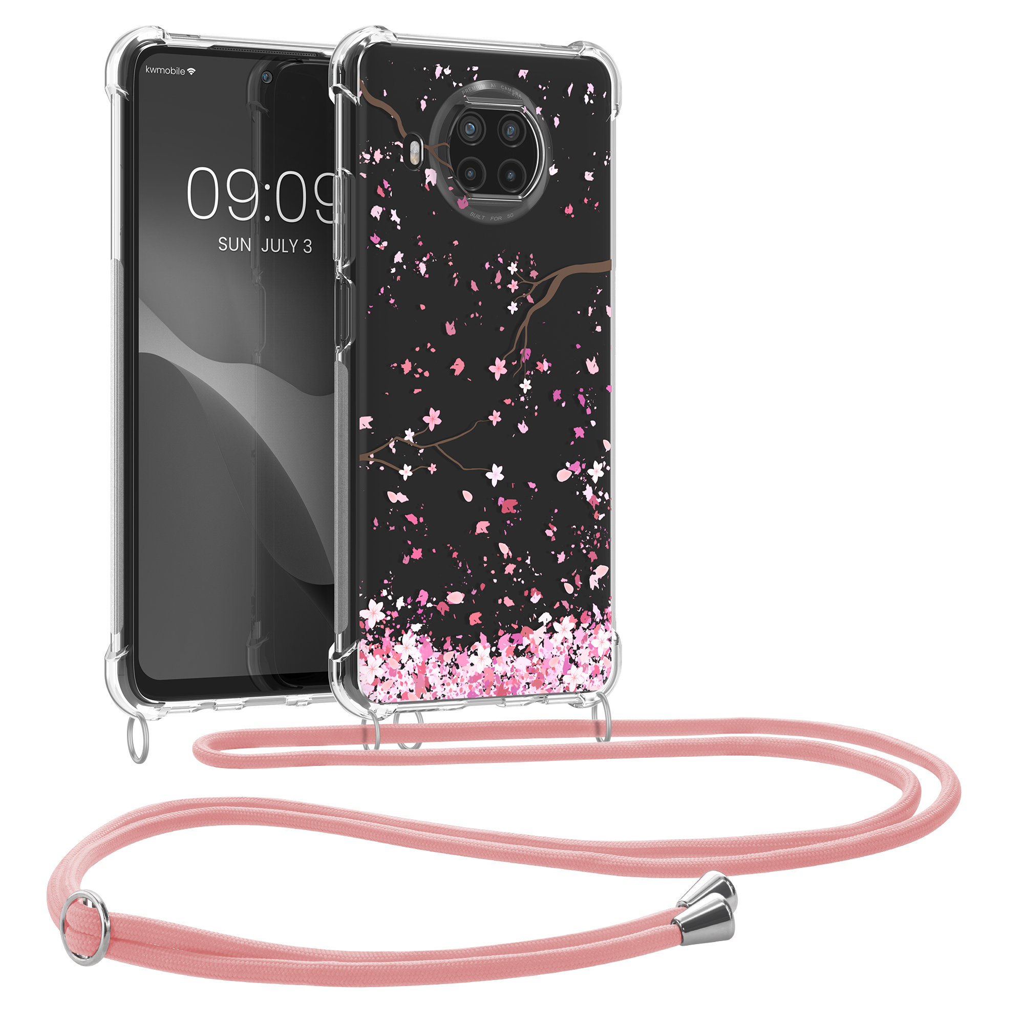 Crossbody kryt kwmobile Xiaomi Mi 10T Lite, růžové třešňové květy / Dark Brown / transparentní
