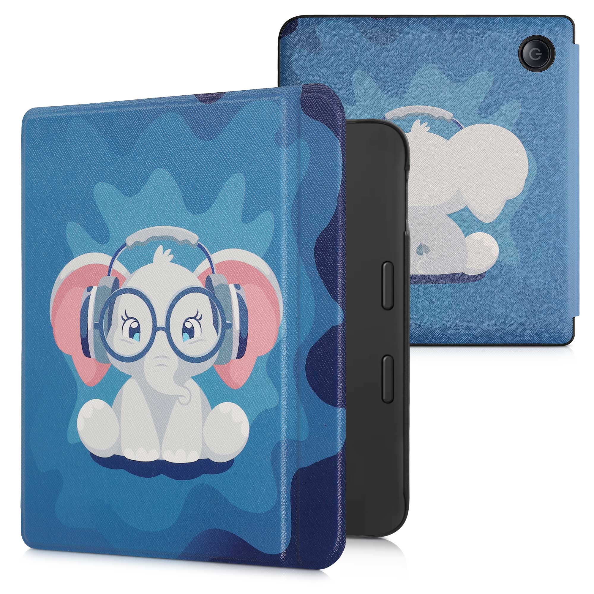 Pouzdro na čtečku kwmobile pro Tolino Vision 6 - motiv Cute Elephant, světle modrá / tmavě modrá / šedá