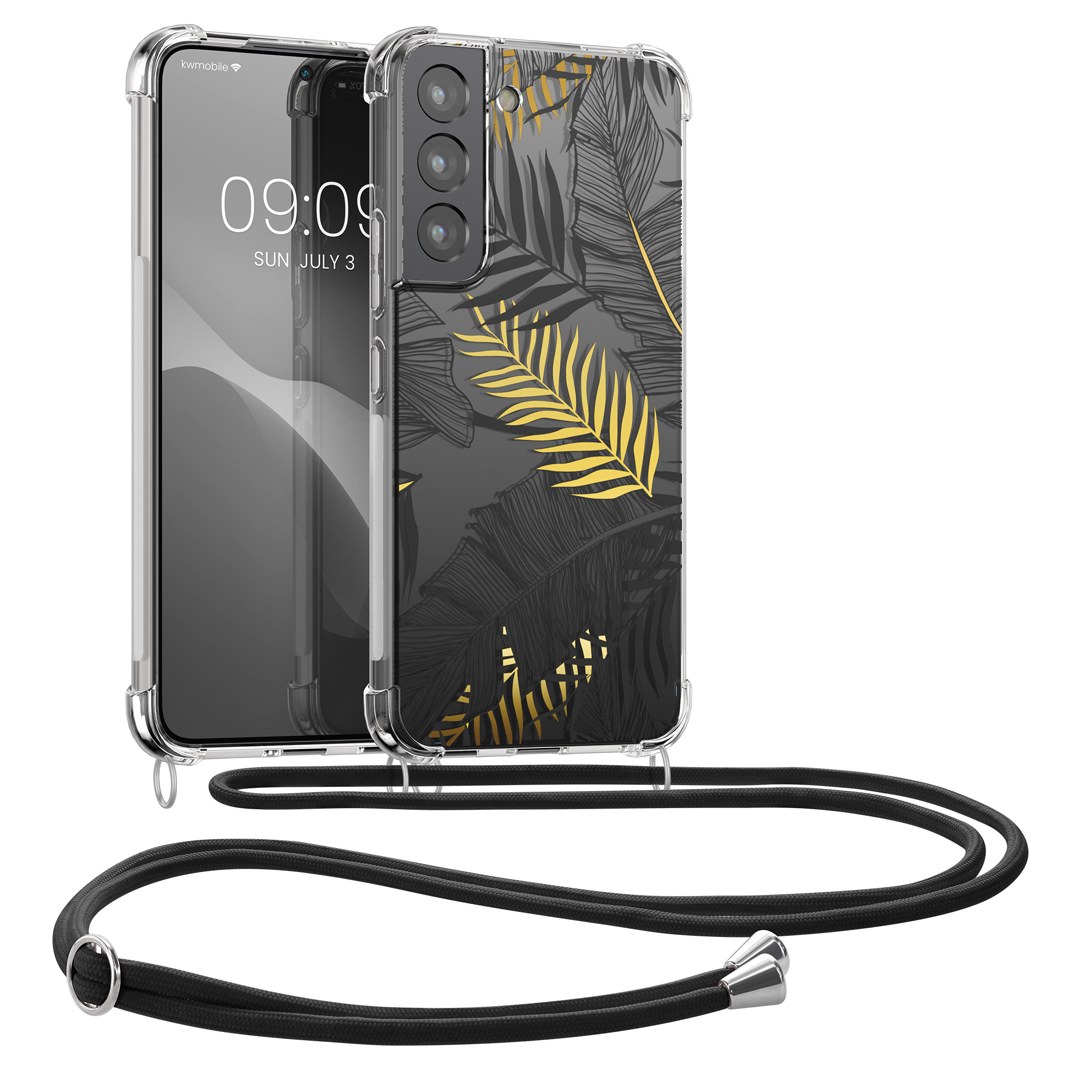 Crossbody kryt na mobil Galaxy S22 kwmobile žluté palmové listy / šedá / transparentní