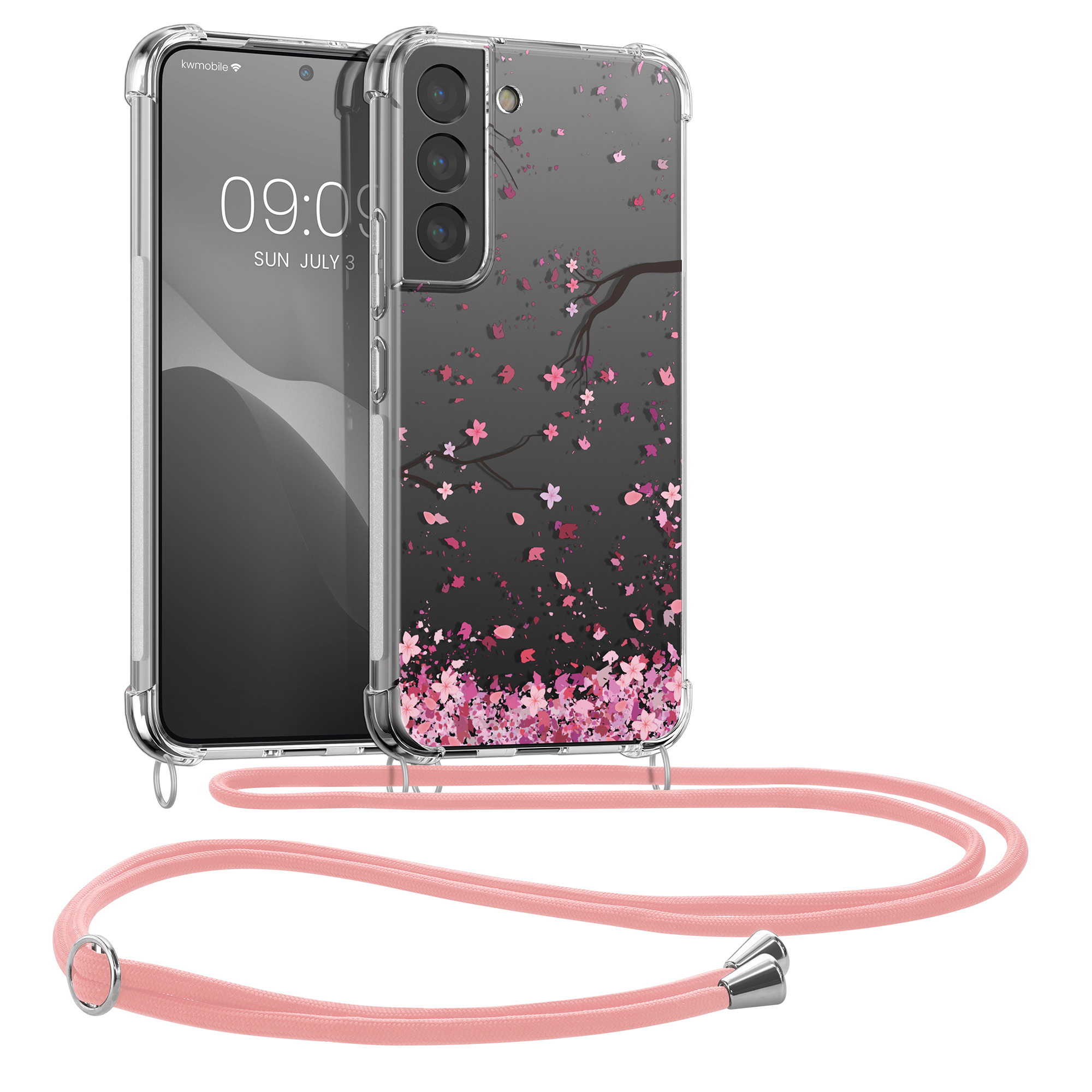 Crossbody kryt na mobil Galaxy S22 kwmobile růžové květy / tmavě hnědá / transparentní