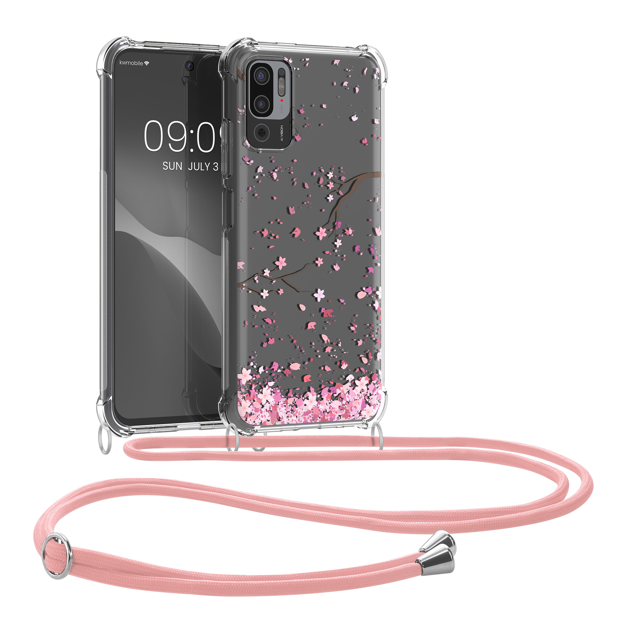 Kryt Xiaomi Redmi Note 10 5G crossbody popruh třešňové květy - růžová/tmavě hnědá kwmobile