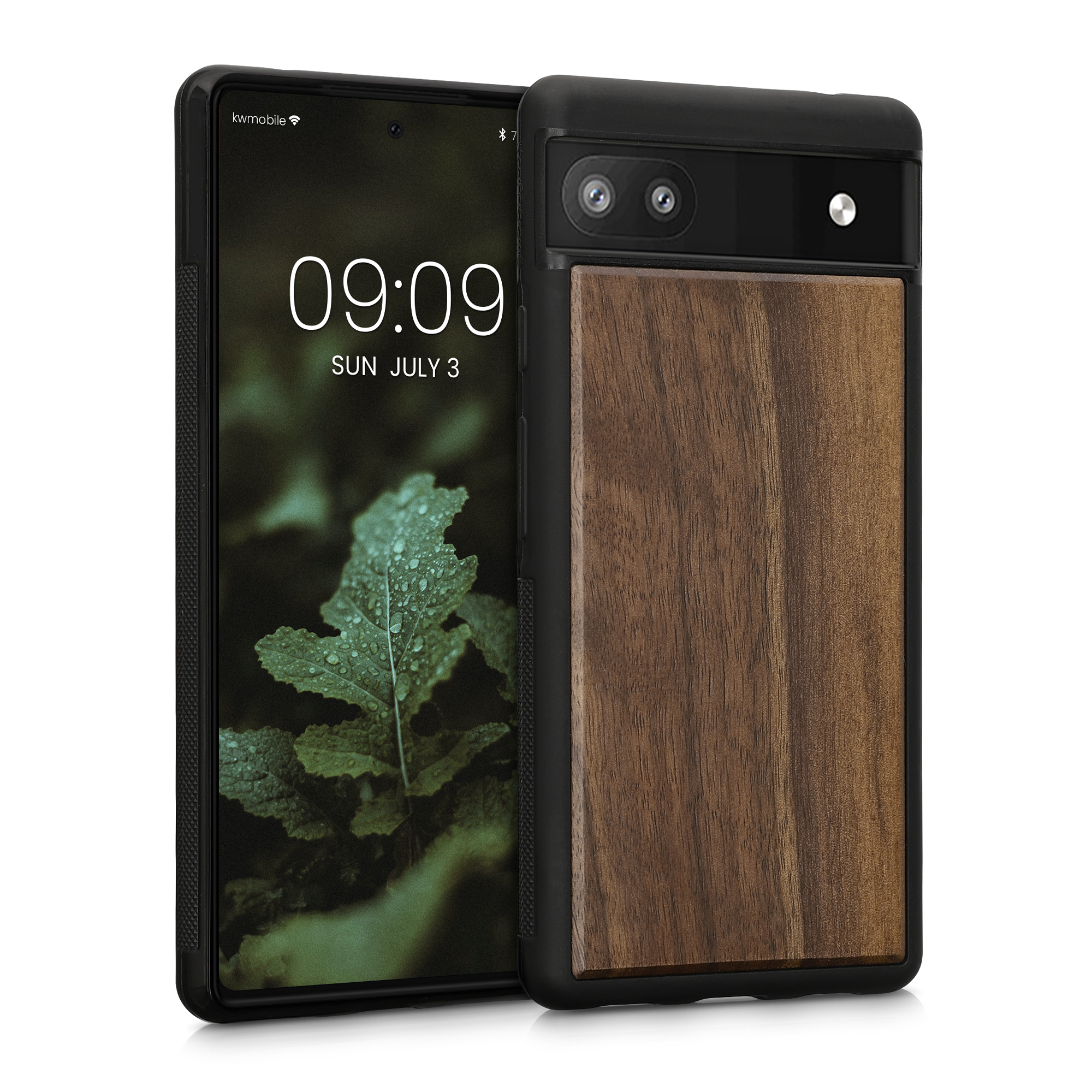 Dřevěný kryt pro Google Pixel 6a s nárazuvzdorným TPU rámečkem kwmobile ‑ tmavě hnědá