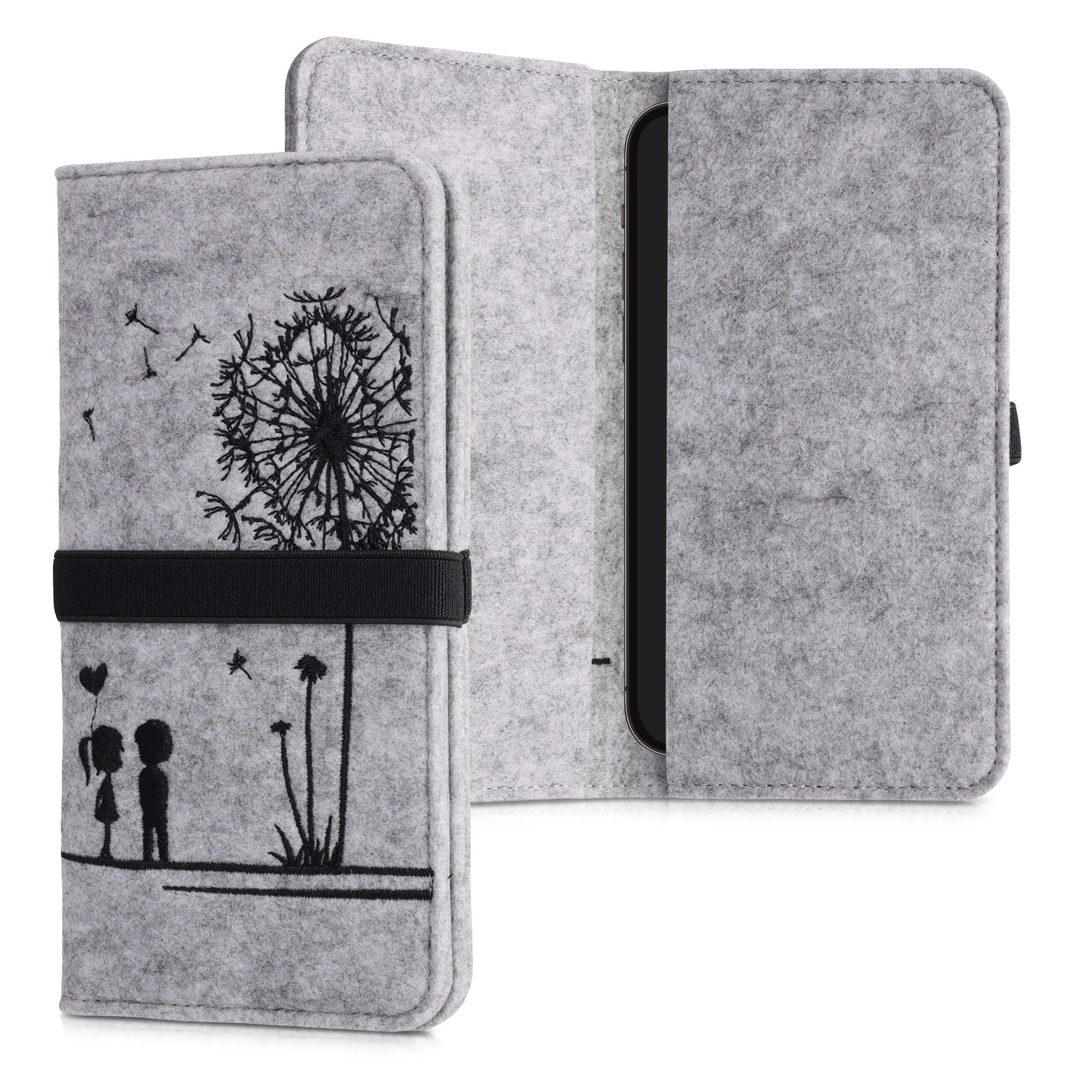 Univerzální pouzdro kwmobile na mobil XL 6,7/6,8" (17,2 x 8 cm) - motiv pampelišková láska, černá / světle šedá