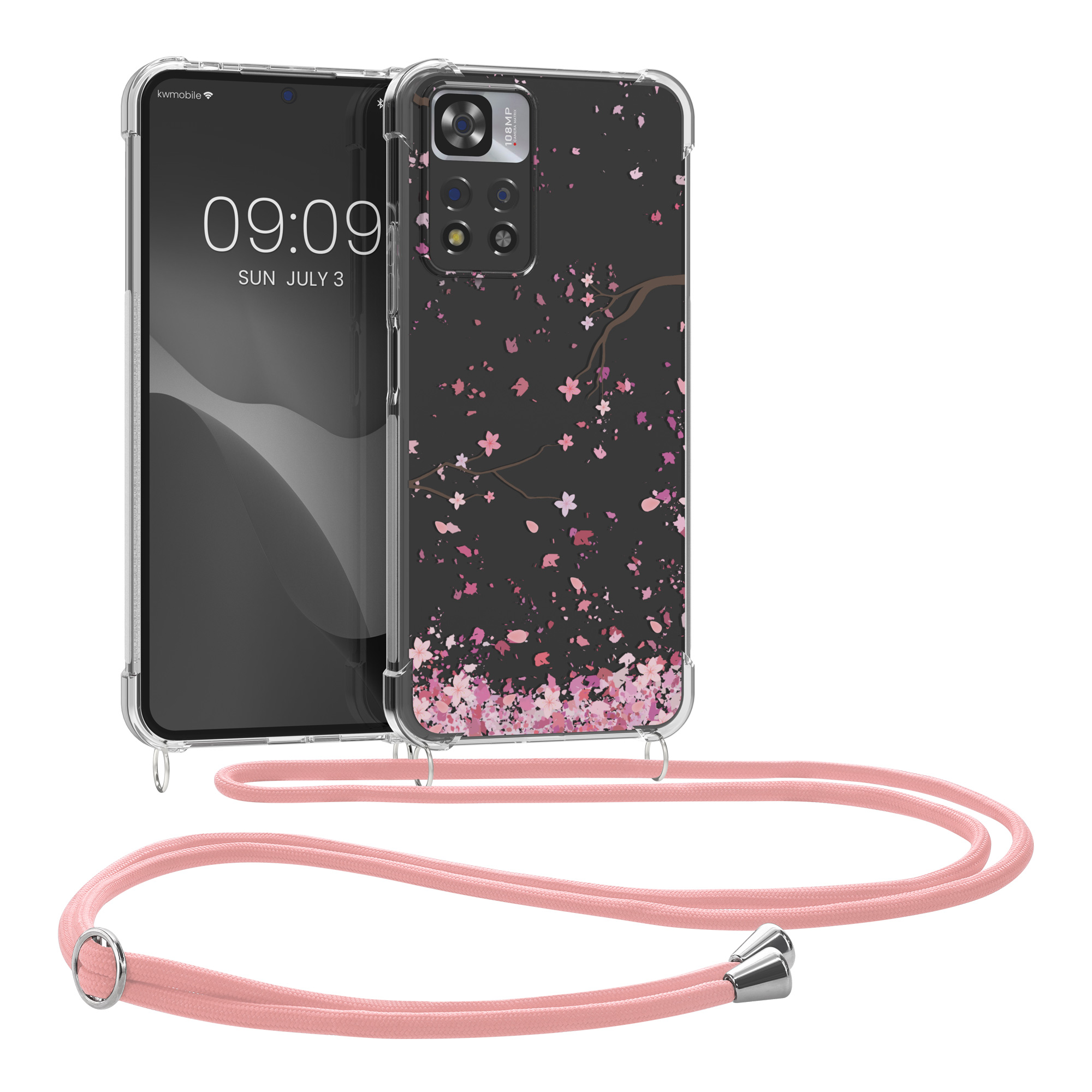 Kryt Xiaomi Redmi Note 11 Pro+ 5G crossbody popruh třešňové květy - růžová/tmavě hnědá kwmobile