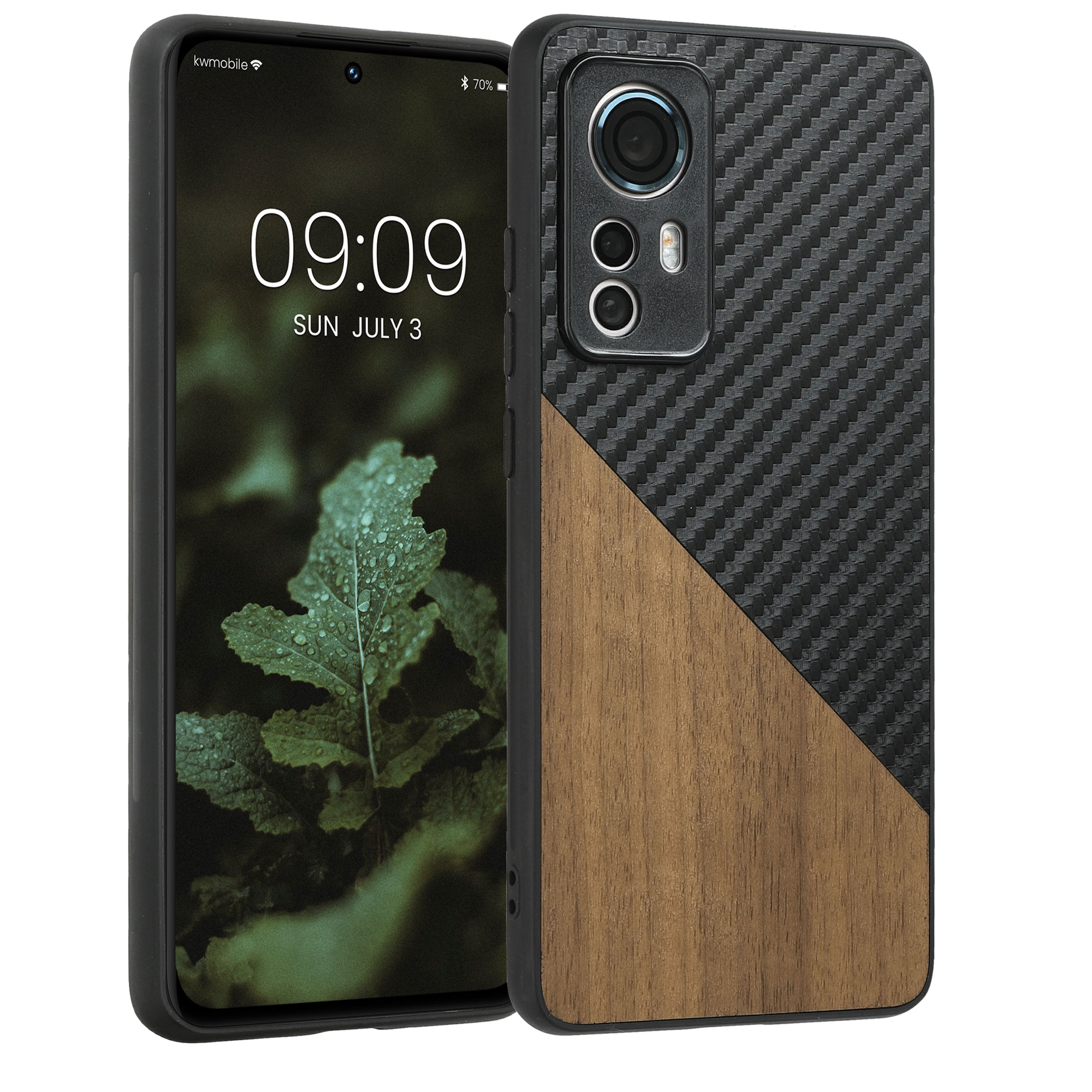 Dřevěný kryt na mobil Xiaomi 12 / 12X tmavě hnědý / černý / černý