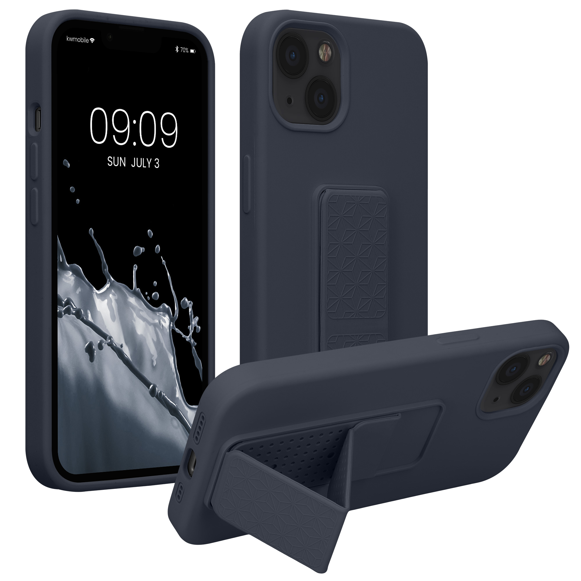 Kryt s poutkem a stojánkem kwmobile pro iPhone 13 - borůvková