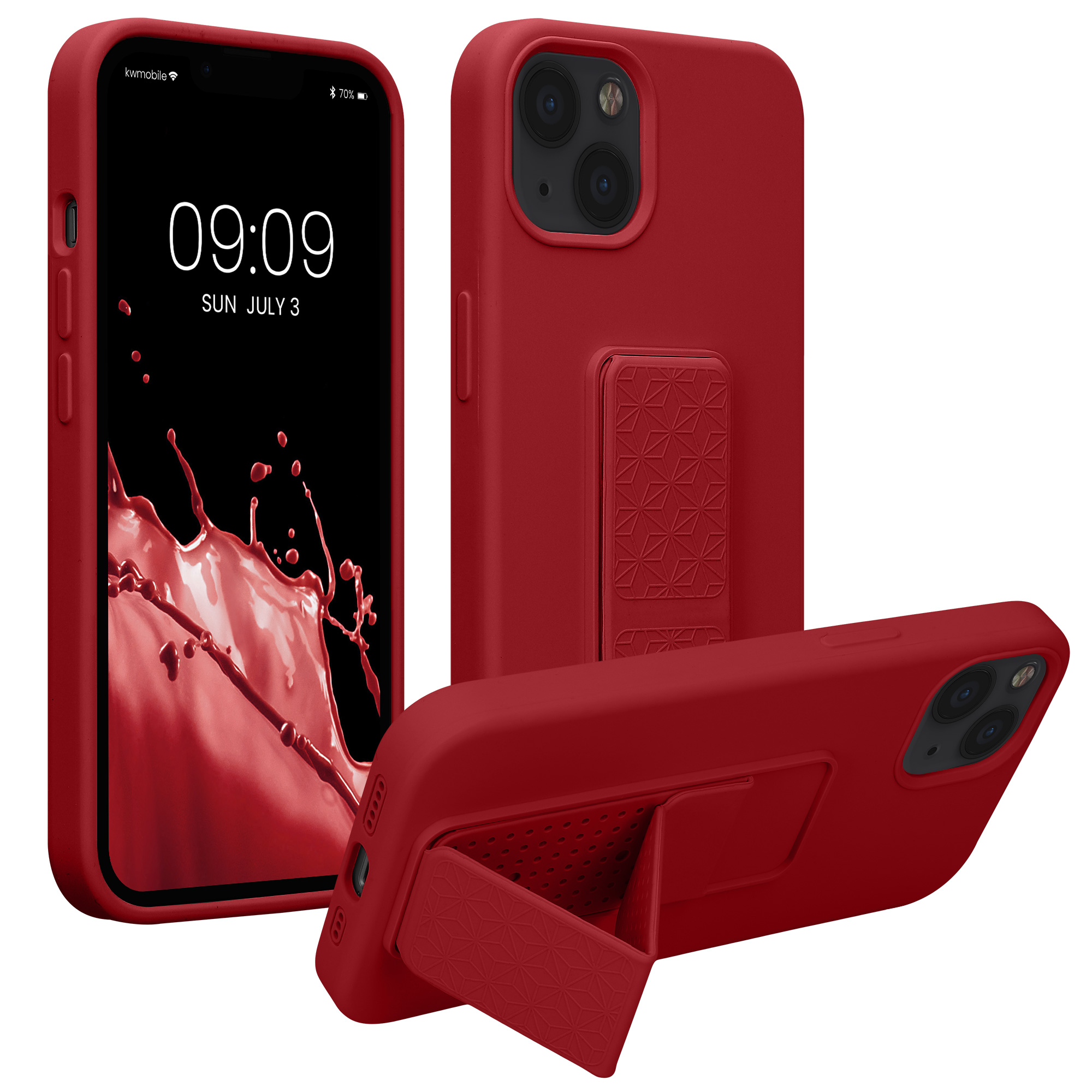 Kryt s poutkem a stojánkem kwmobile pro iPhone 13 - rebarborově červená