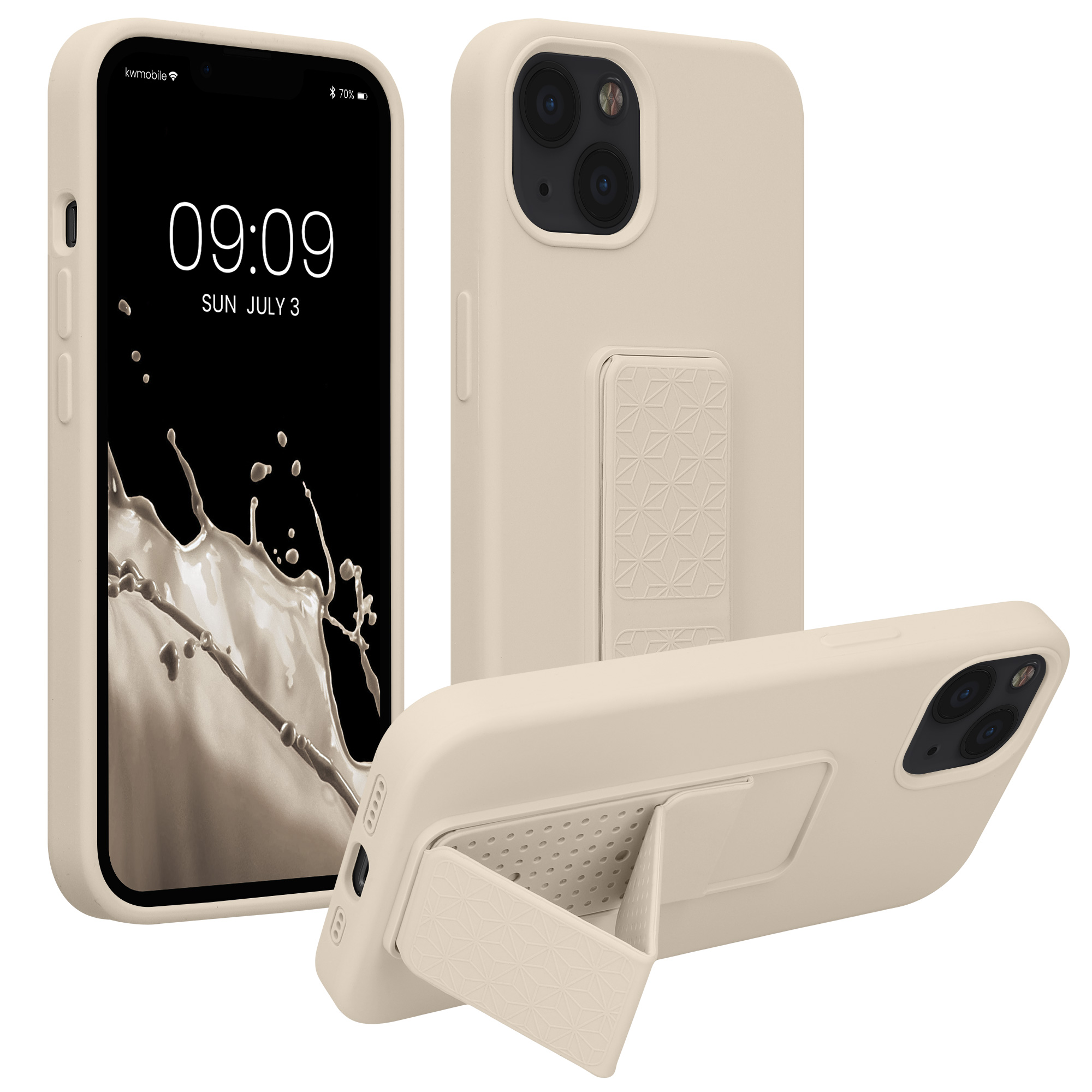 Kryt s poutkem a stojánkem kwmobile pro iPhone 13 - krémová