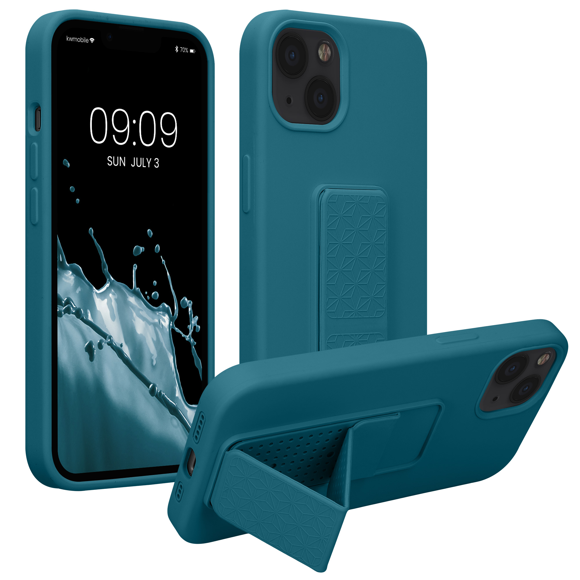 Kryt s poutkem a stojánkem kwmobile pro iPhone 13 - tyrkysová matná