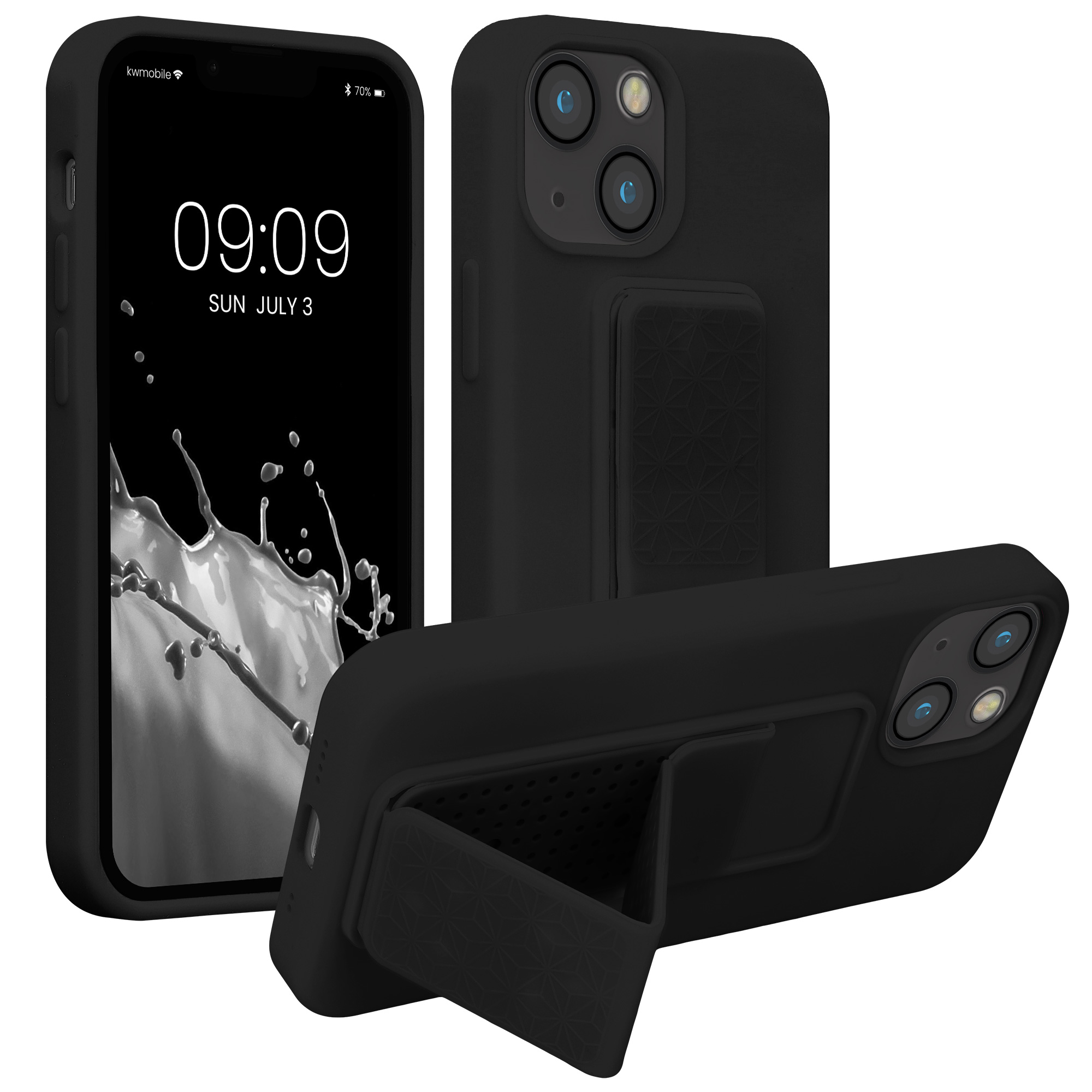 Pouzdro pro Apple iPhone 13 mini kwmobile se stojánkem s poutkem silikonové - černá