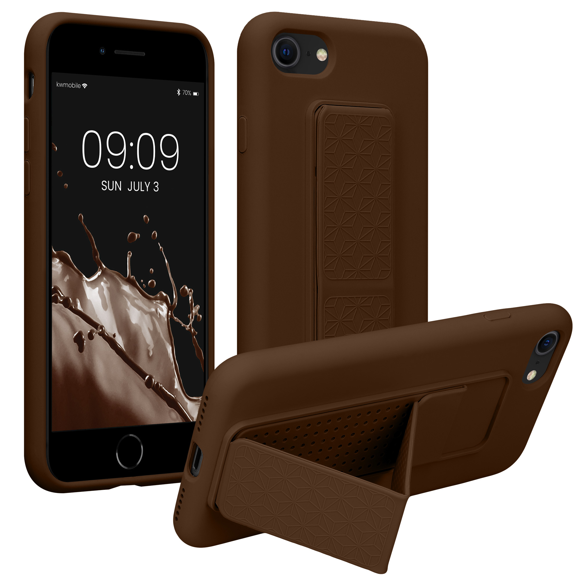Pouzdro pro Apple iPhone SE (2022) / SE (2020) / 8 / 7 kwmobile se stojánkem s poutkem silikonové - čokoládová
