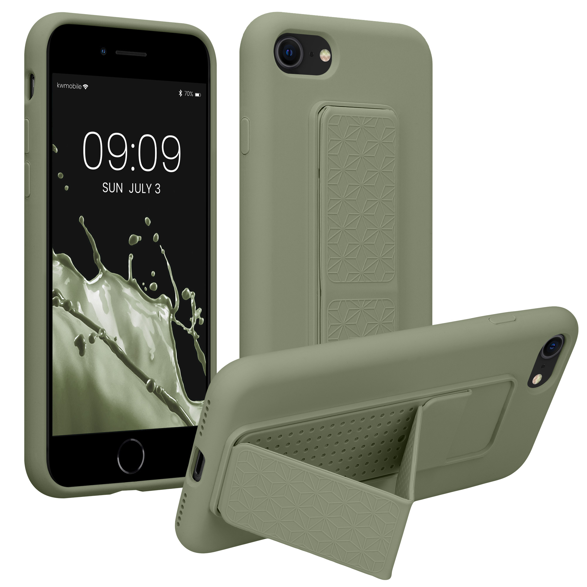 Pouzdro pro Apple iPhone SE (2022) / SE (2020) / 8 / 7 kwmobile se stojánkem s poutkem silikonové - šedozelená