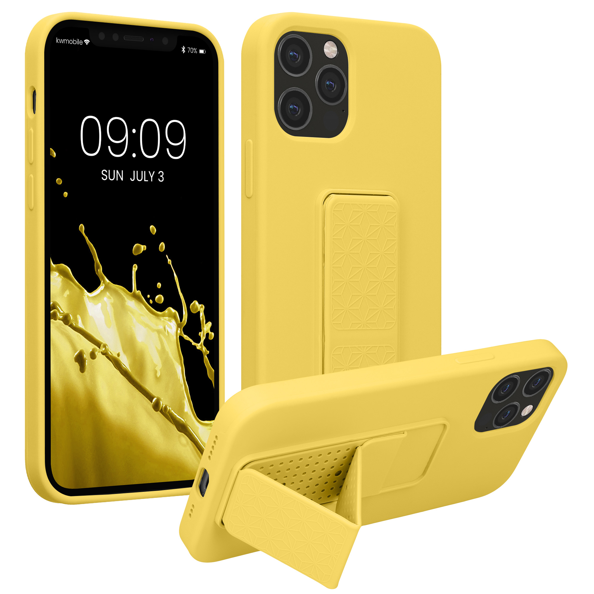 Pouzdro pro Apple iPhone 12 / iPhone 12 Pro kwmobile se stojánkem s poutkem silikonové - zářivě žlutá
