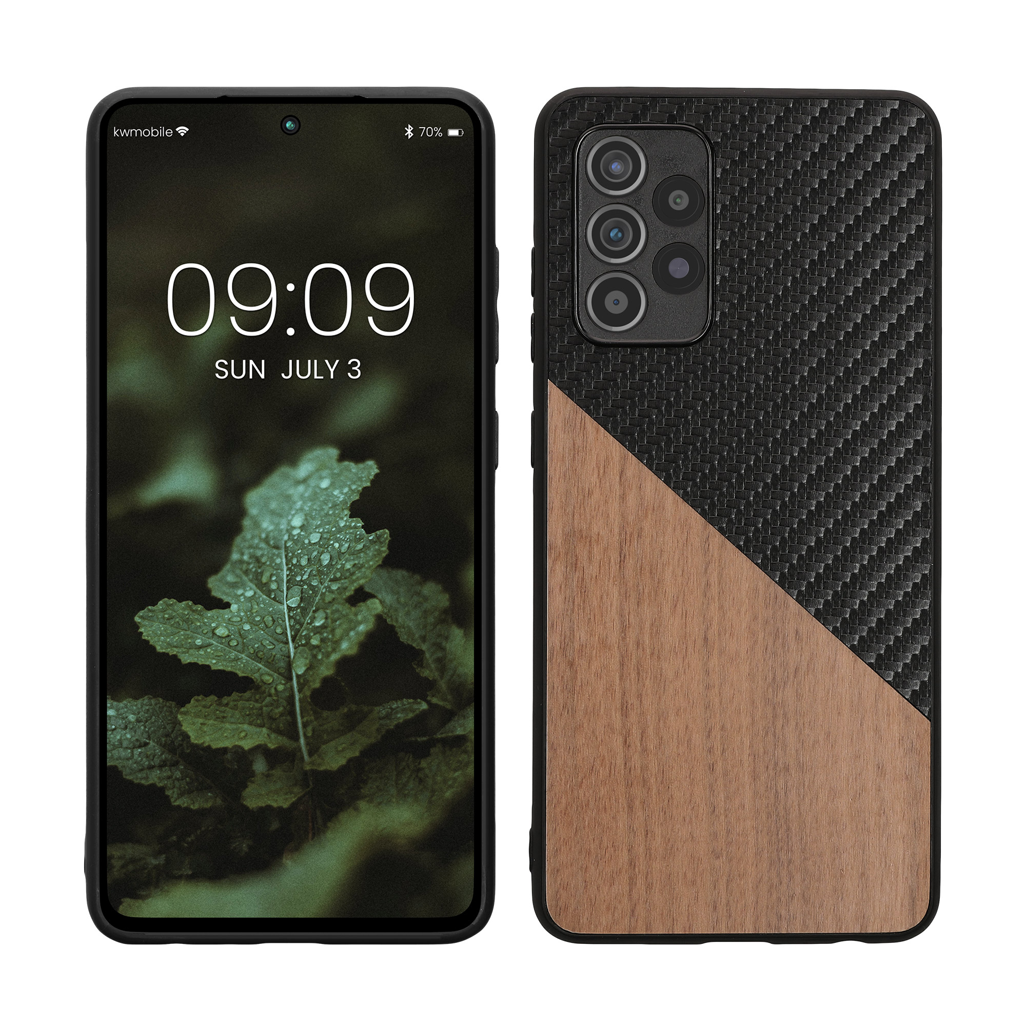 Dřevěný kryt na mobil Samsung Galaxy A52 / A52 5G / A52s 5G kwmobile TPU rámeček Tmavě hnědá / černá