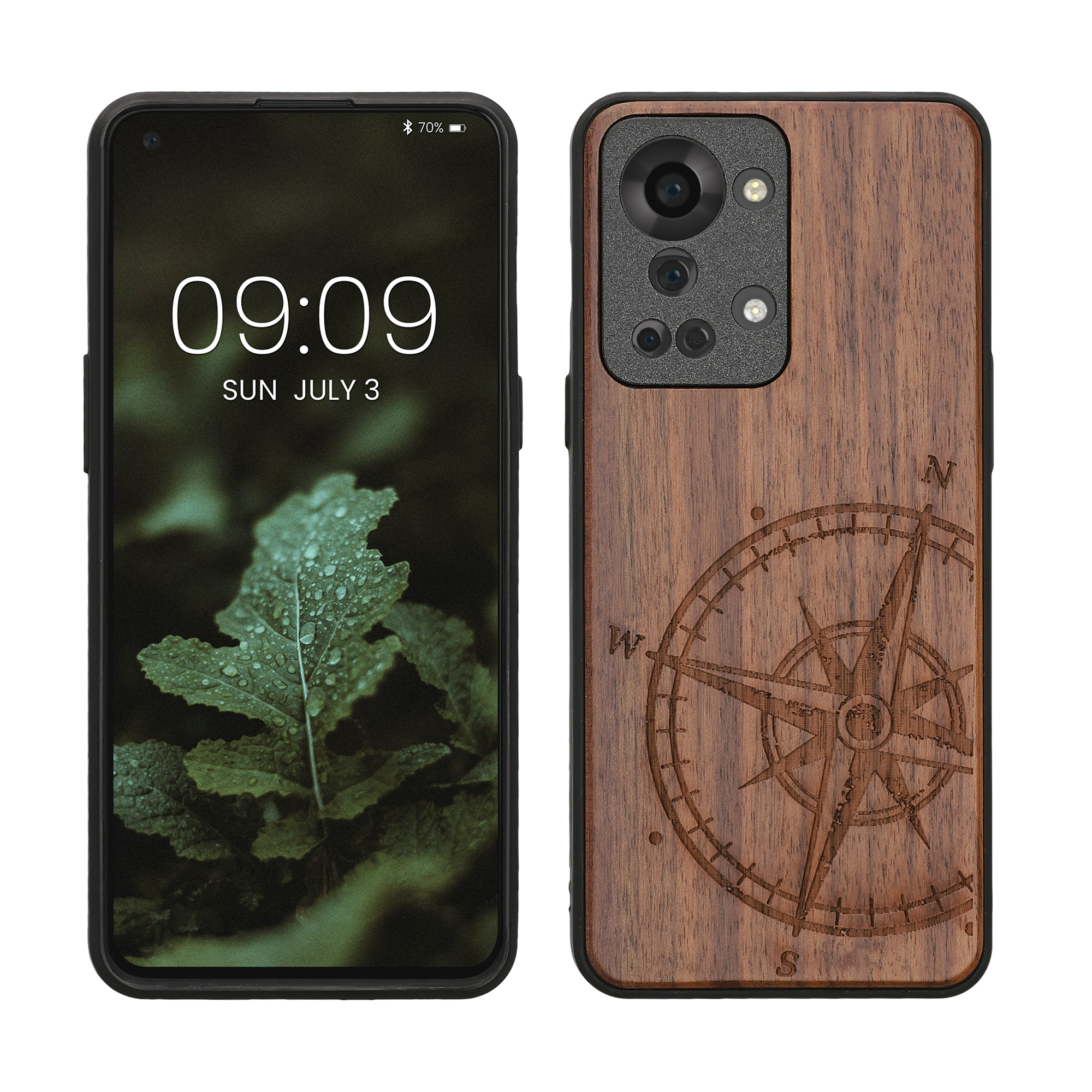 Dřevěný kryt pro OnePlus Nord 2T 5G s nárazuvzdorným TPU rámečkem kwmobile ‑ tmavě hnědá