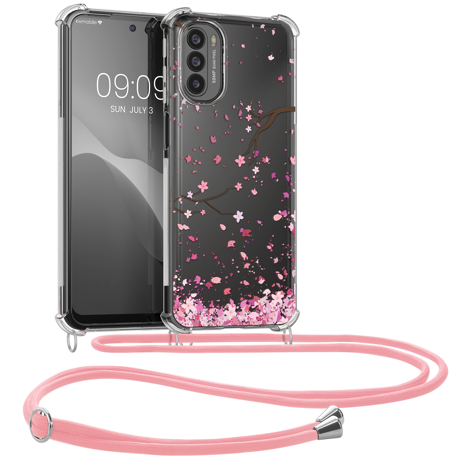 Kryt s popruhem kwmobile pro Motorola Moto G31 / Moto G41 - Růžové třešňové květy / tmavě hnědá / transparentní