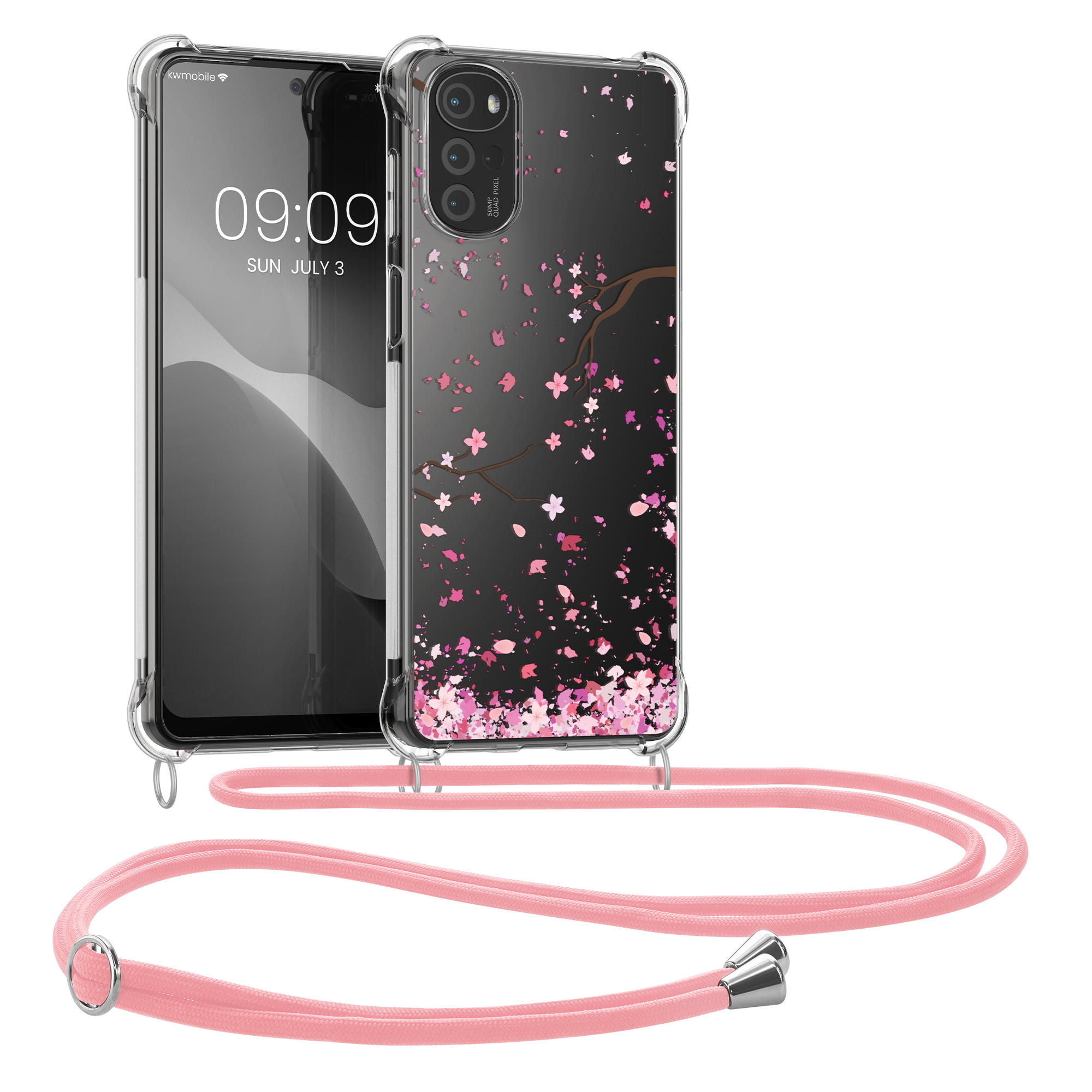 Kryt s popruhem kwmobile pro Motorola Moto G22 - Růžové třešňové květy / tmavě hnědá / transparentní
