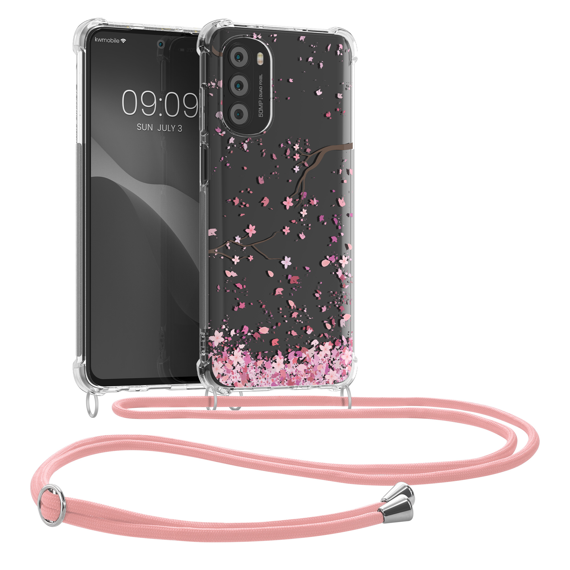 Kryt s popruhem kwmobile pro Motorola Moto G52 / Moto G82 5G - Růžové třešňové květy / tmavě hnědá / transparentní