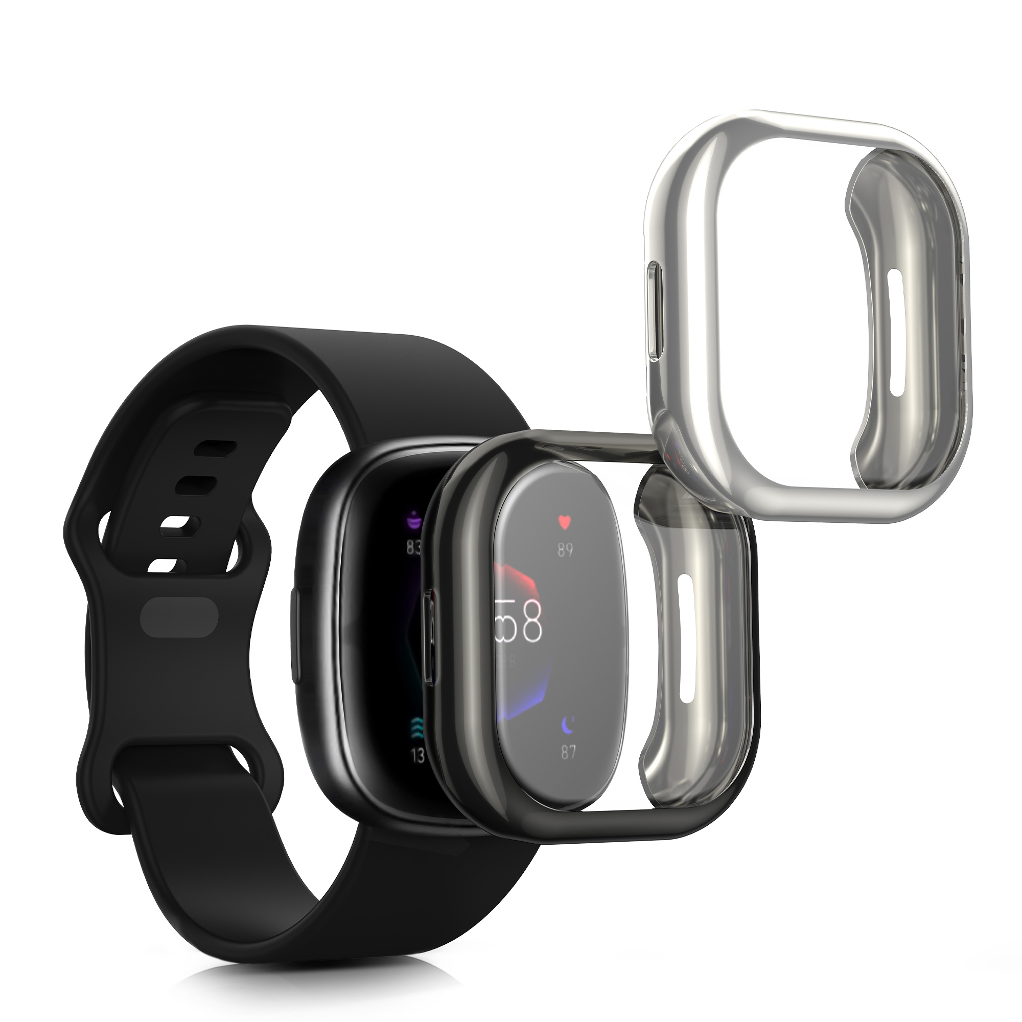 2 ks Ochranný kryt na hodinky kwmobile pro Fitbit Versa 4 / Sense 2 - černá / stříbrná