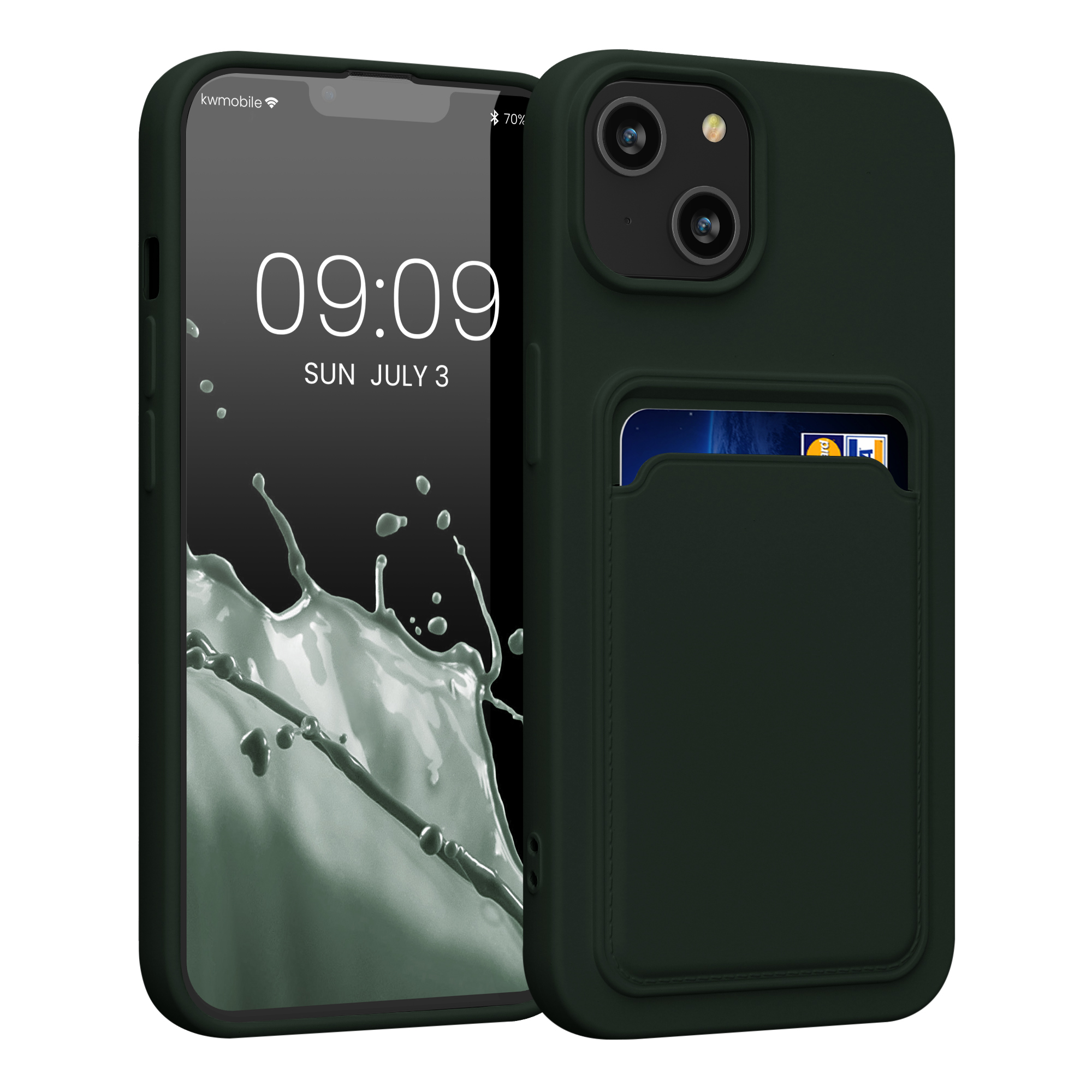 Kryt na mobil iPhone 14 kwmobile s přihrádkou na kartu TPU tmavě zelená