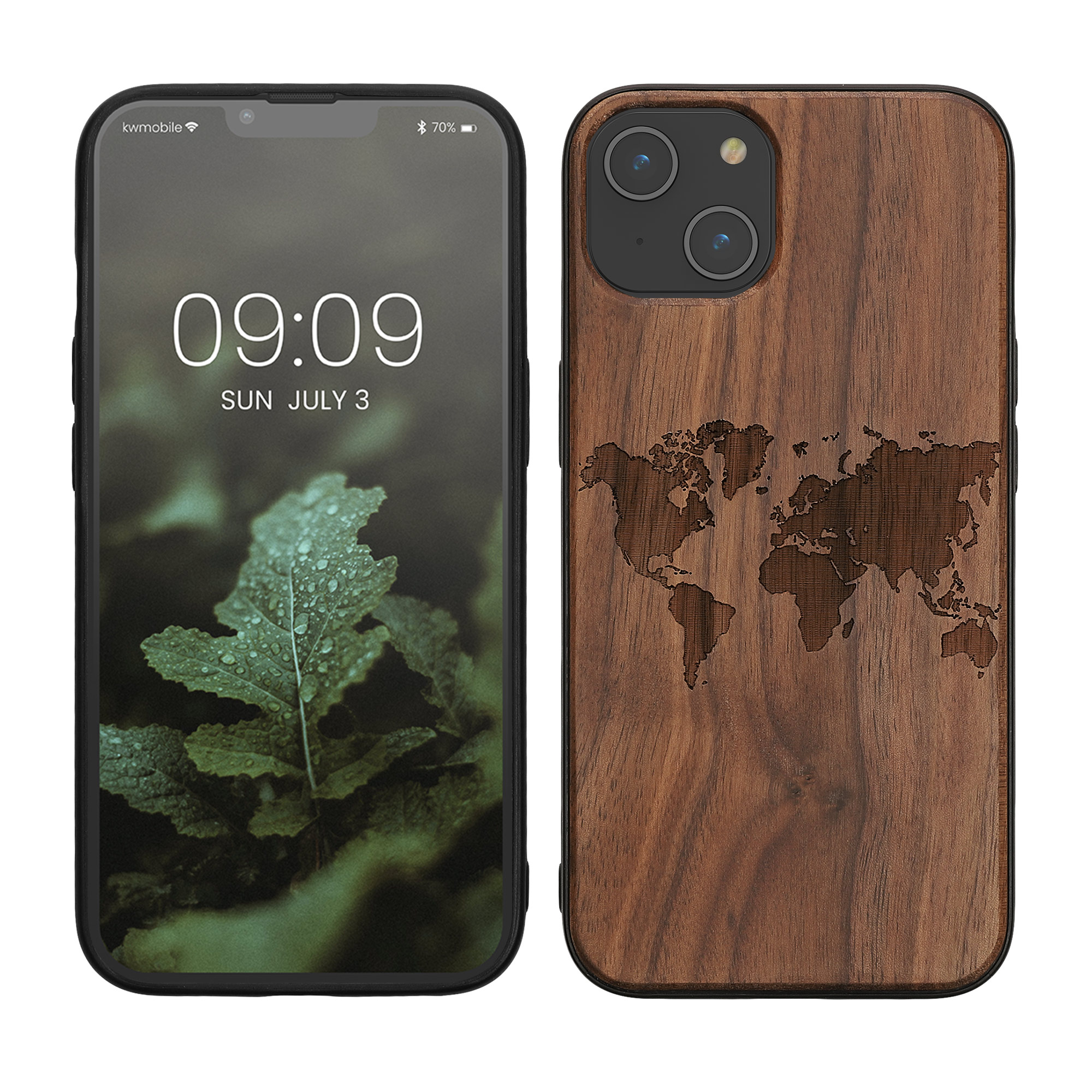 Dřevěný kryt na mobil iPhone 14 kwmobile TPU tmavě hnědá - varianta 1