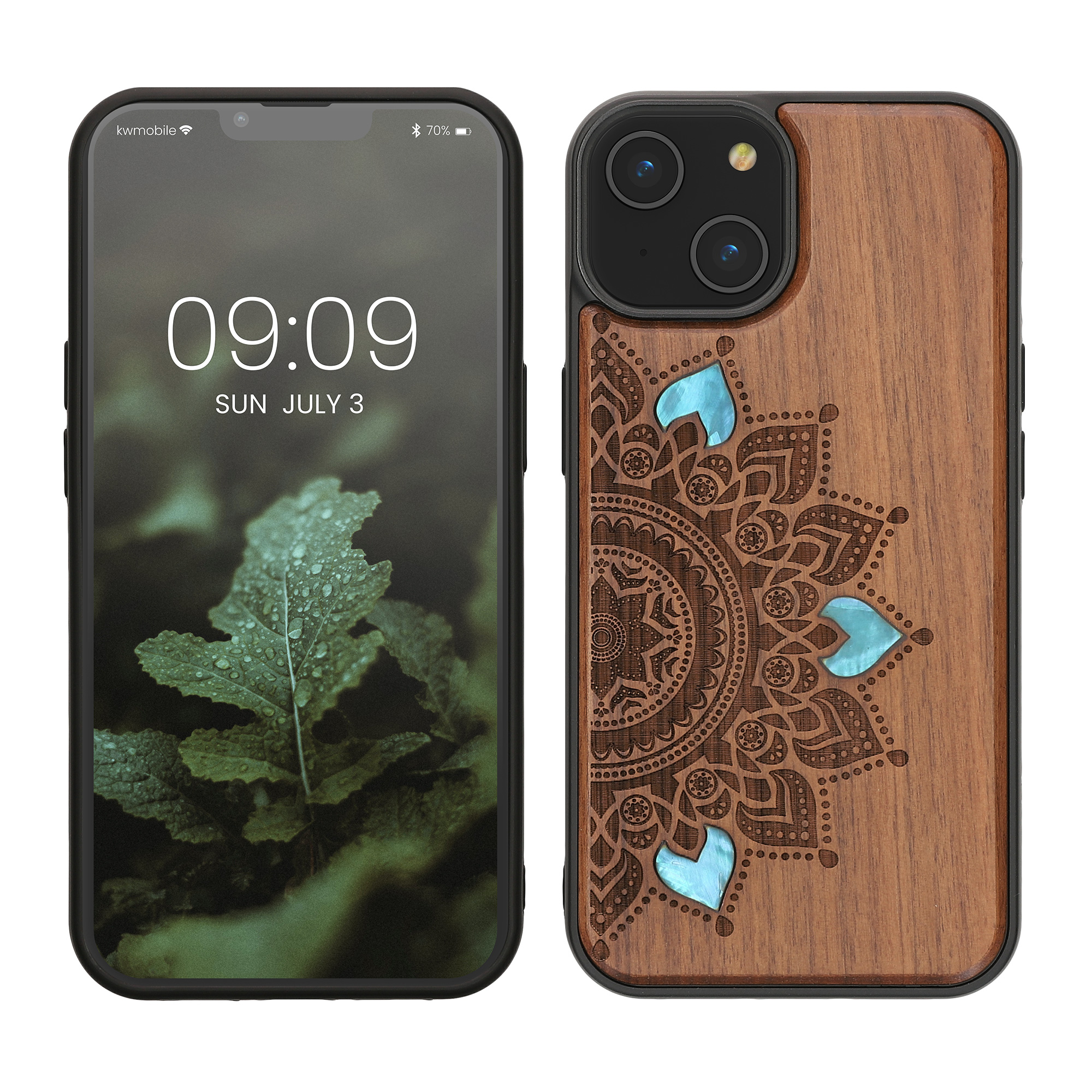 Dřevěný kryt na mobil iPhone 14 kwmobile TPU tmavě hnědá - varianta 2