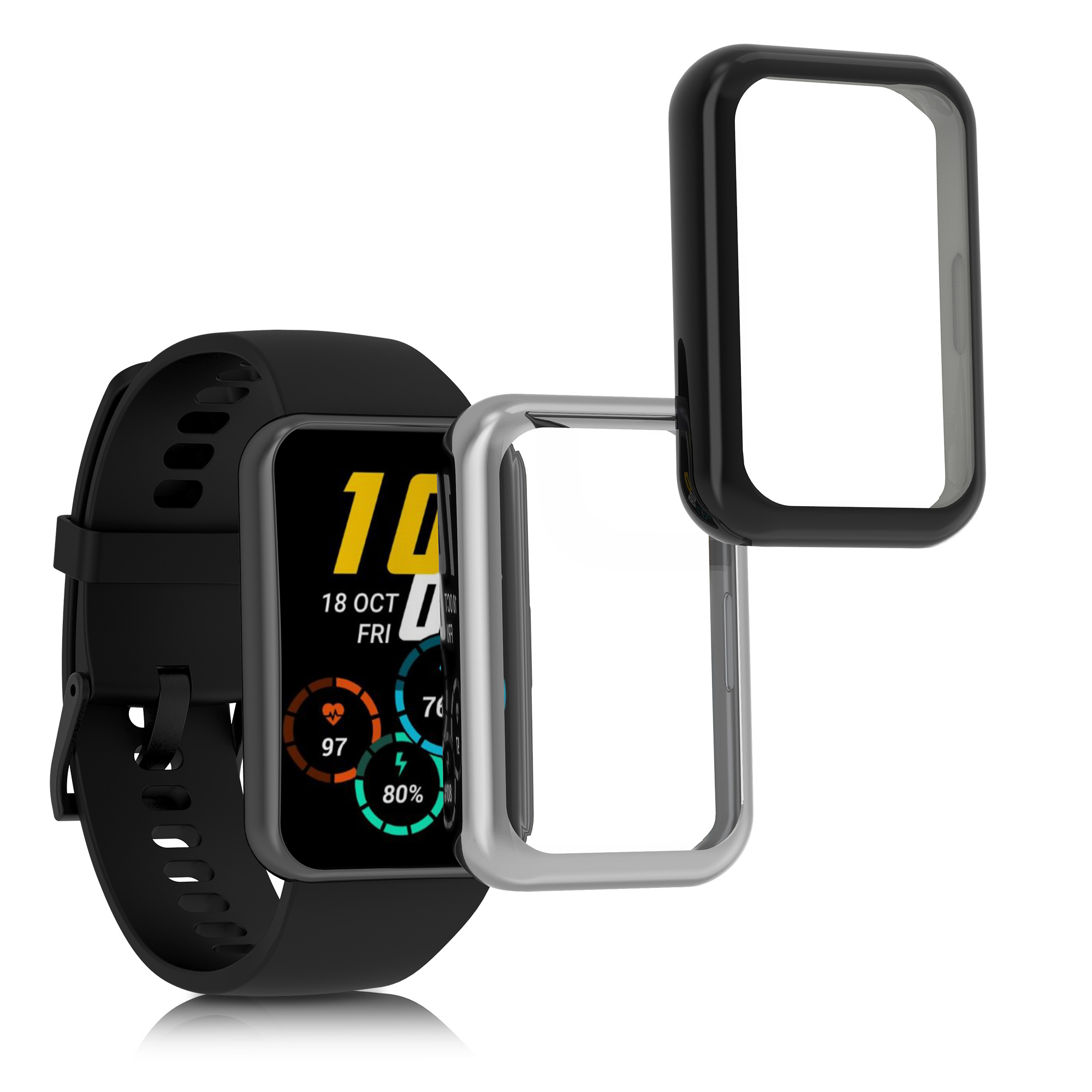Silikonový kryt hodinky Huawei Watch Fit 2 ochranná fólie sada ks černá/stříbrná kwmobile