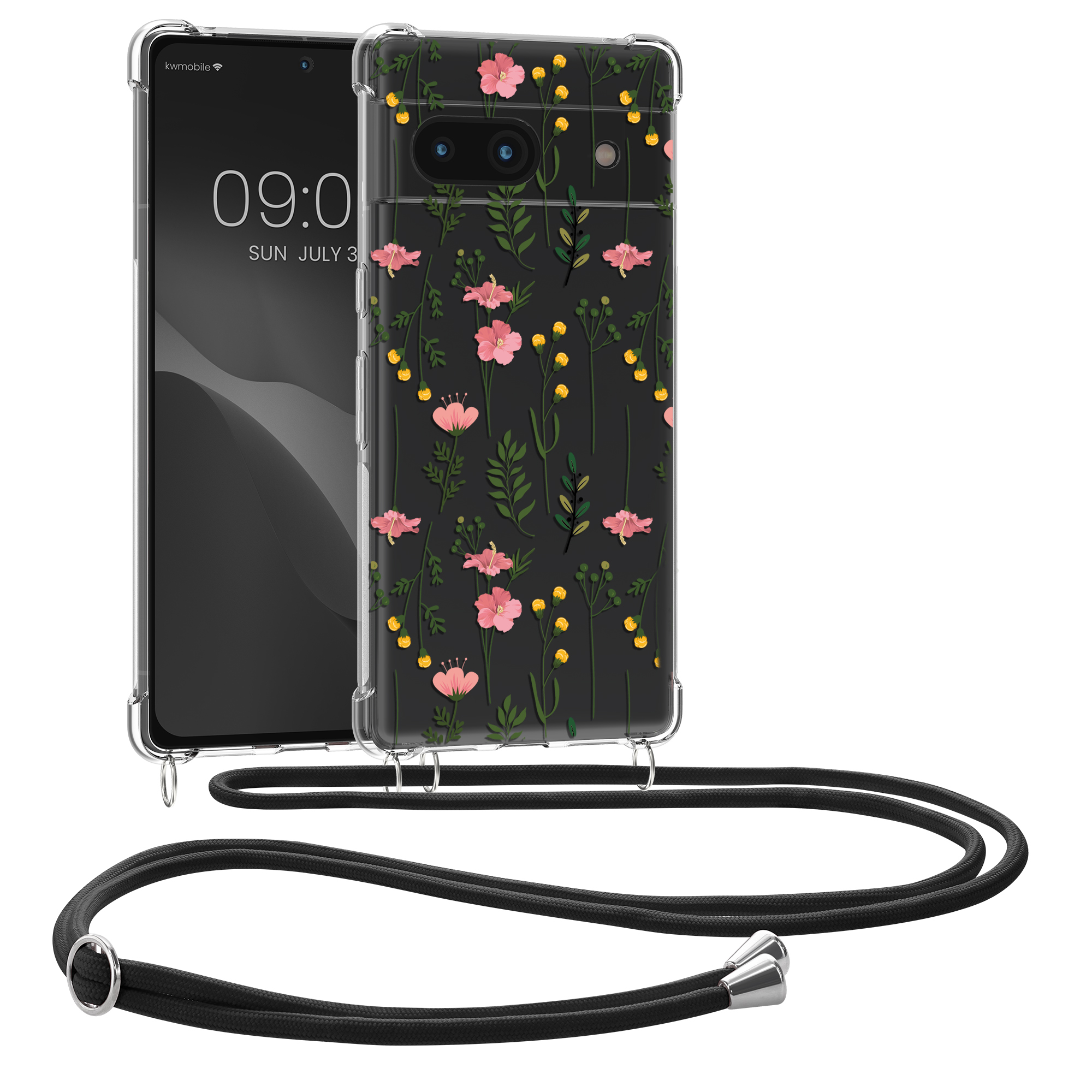 Crossbody kryt kwmobile pro Google Pixel 6 - jemné květy růžová/zelená/transparentní