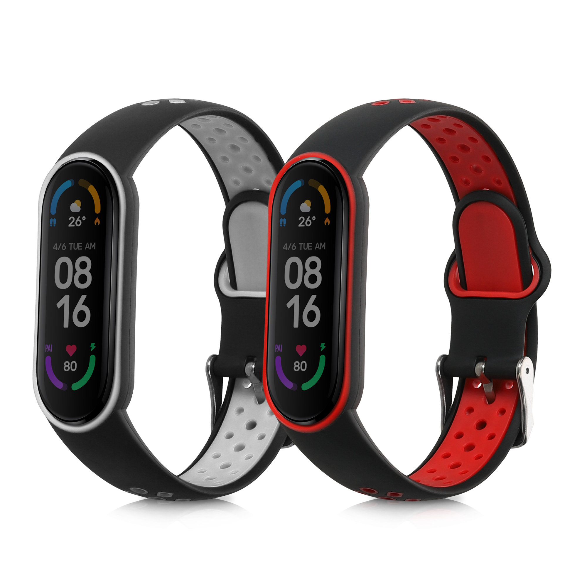 Silikonové řemínky pro Xiaomi Mi Smart Band 6 / Mi Band 6 / Band 5, 2 ks kwmobile ‑ černá / šedá / černá / červená