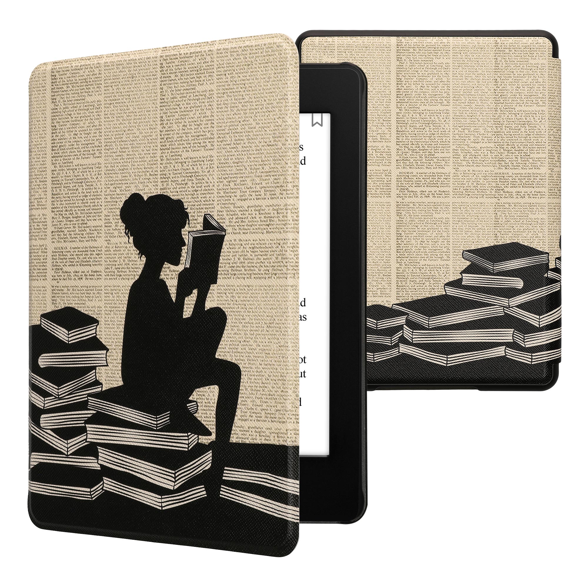 Pouzdro na čtečku kwmobile Amazon Kindle Paperwhite 11 Generation 2021 Case - Girl and Books černá / béžová
