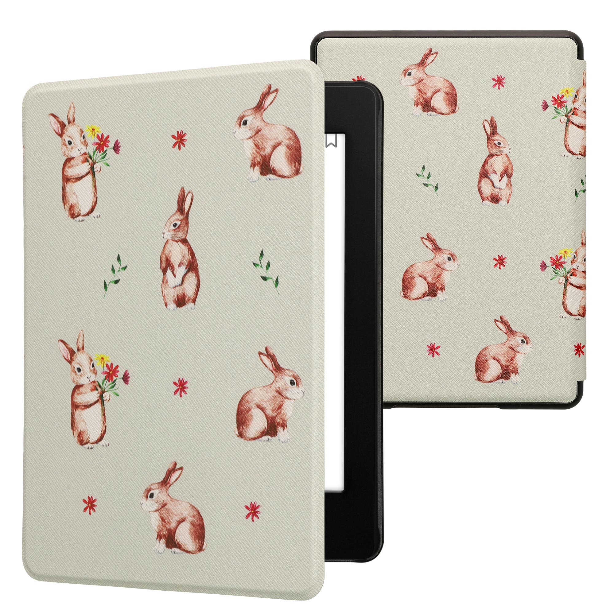 Pouzdro na čtečku kwmobile Amazon Kindle Paperwhite 11 Generation 2021 Case - Rabbits and Flowers bílá / hnědá / šedá zelená