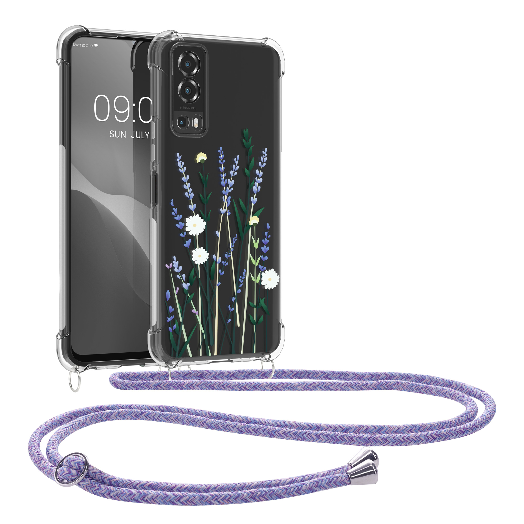 TPU kryt pro Vivo Y72 5G / Y52 5G se šňůrkou kwmobile ‑ luční květiny, levandulová / zelená / čirá