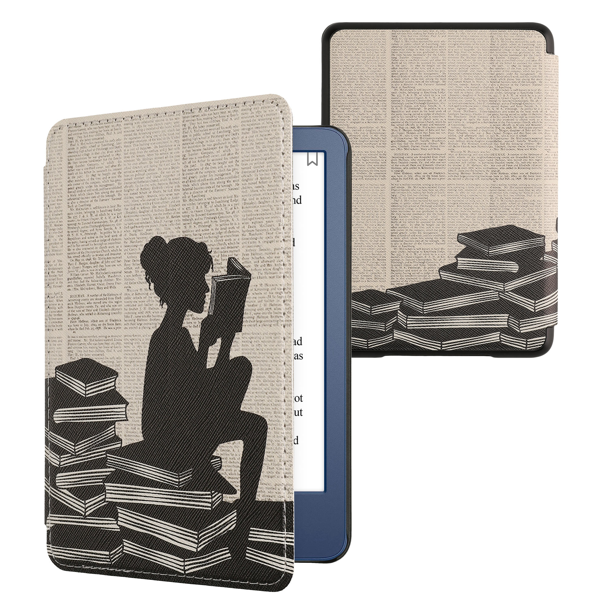 Pouzdro na čtečku kwmobile pro Amazon Kindle (2022/2024) - motiv dívka a knihy černá / béžová