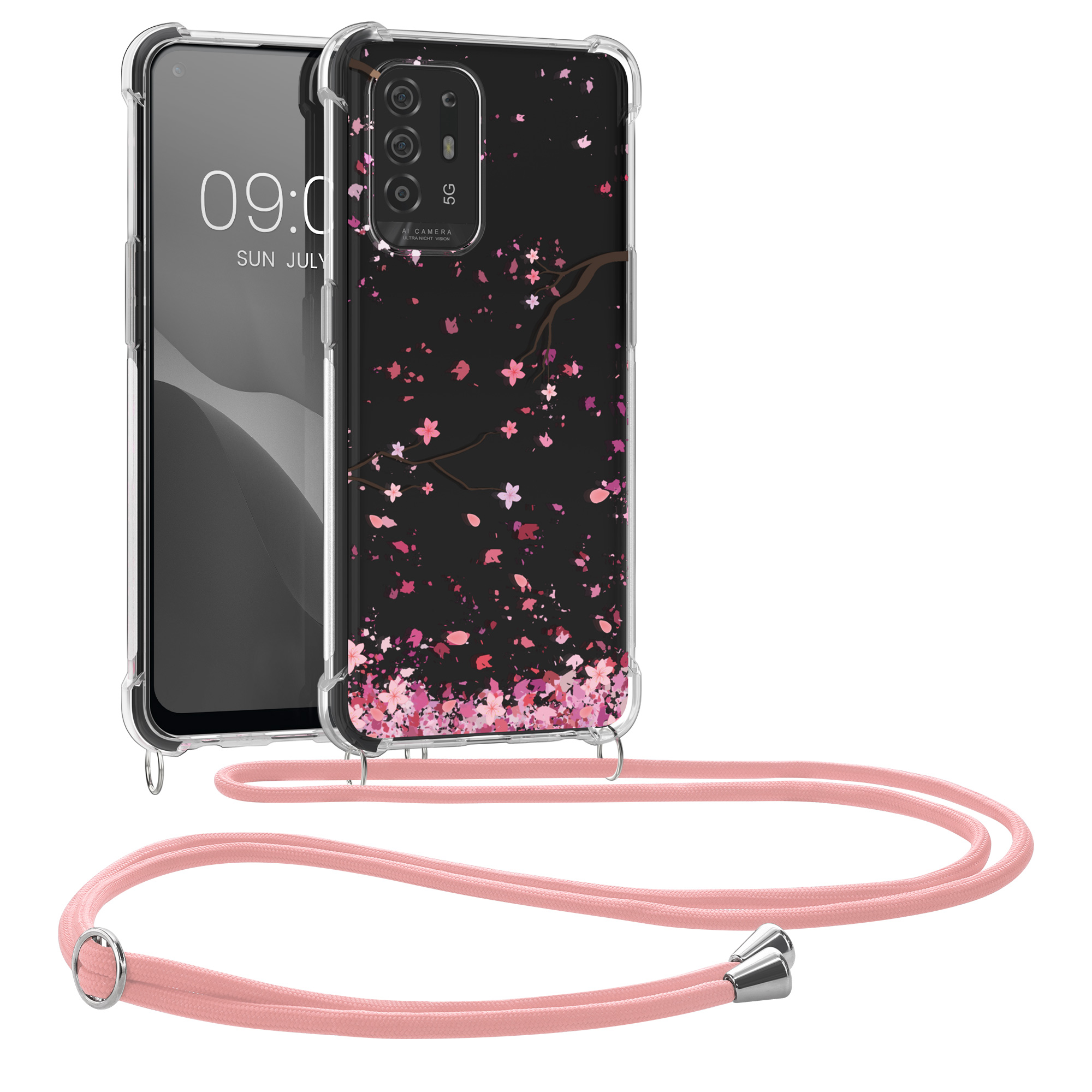 Pouzdro s popruhem (crossbody) pro Oppo A94 (5G) kwmobile - růžová (třešňové květy) / tmavě hnědá / transparentní