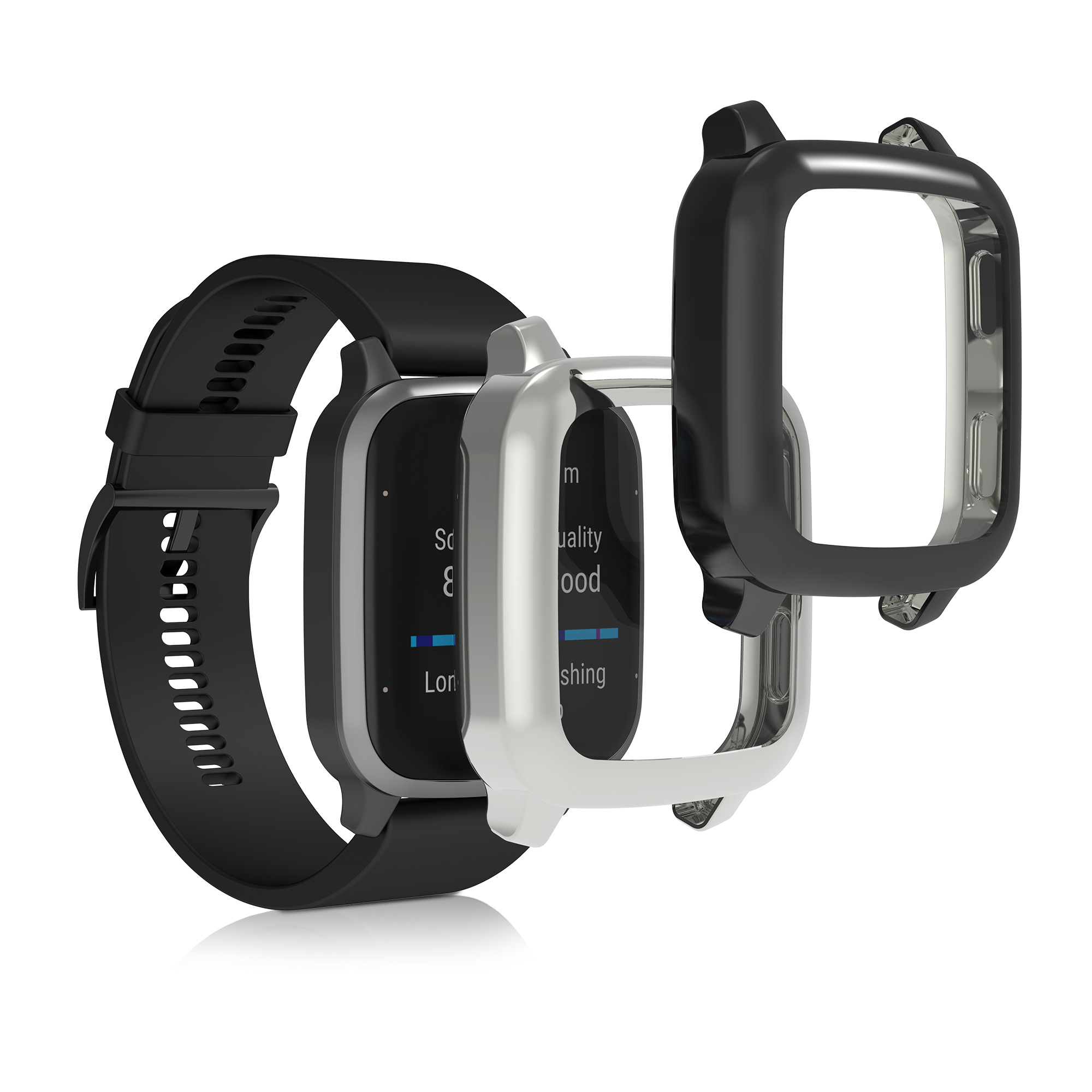 2x obal s ochranným sklem pro Garmin Venu Sq 2 Music / Sq 2 kwmobile silikonové - černá / stříbrná