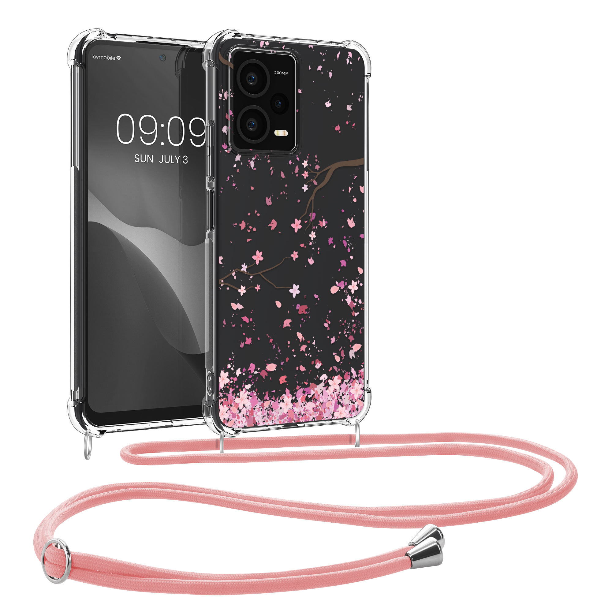 Kryt Xiaomi Redmi Note 12 Pro+ 5G crossbody popruh třešňové květy - růžová/tmavě hnědá kwmobile